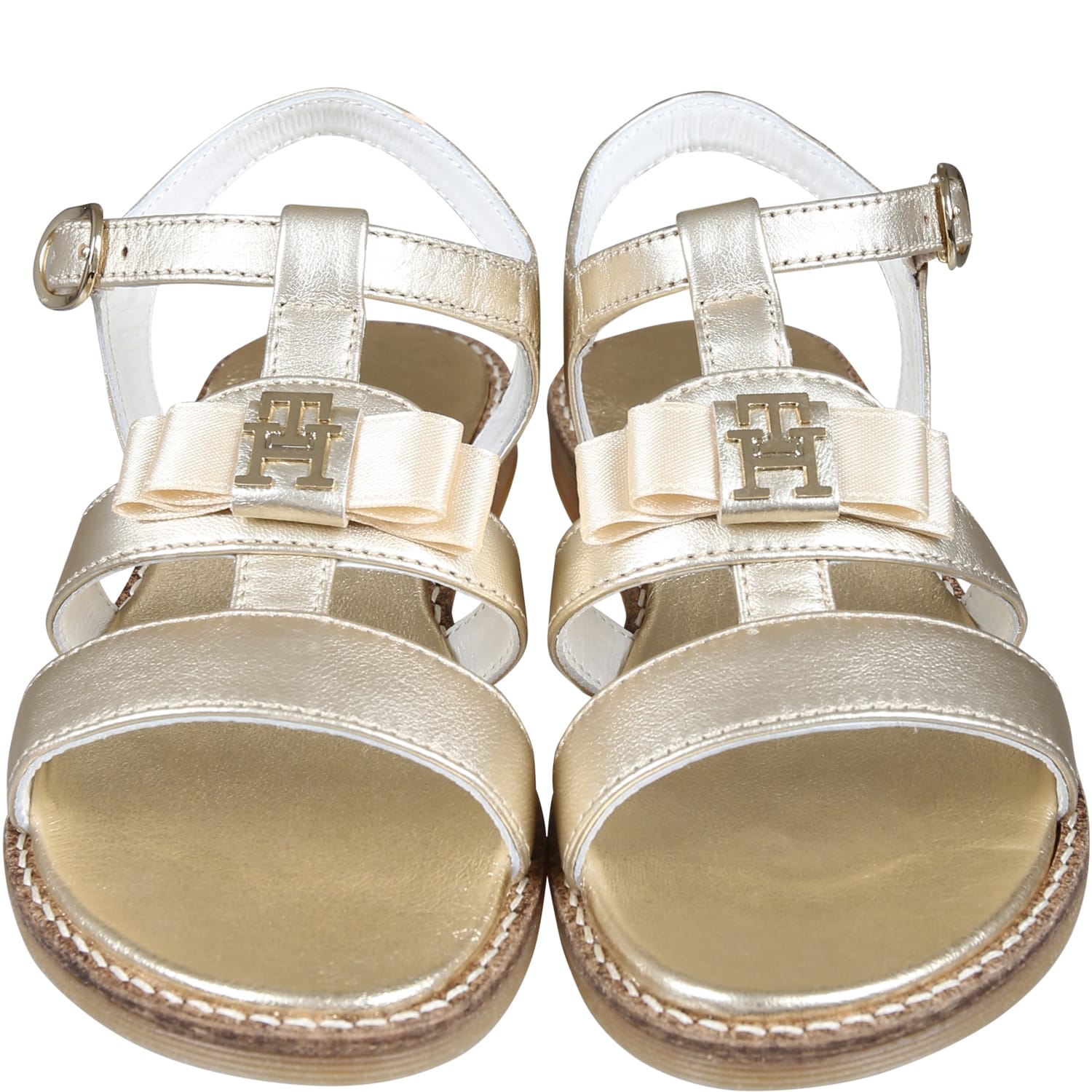 Shop Tommy Hilfiger Gold Sandals For Girl With Bow And Logo
