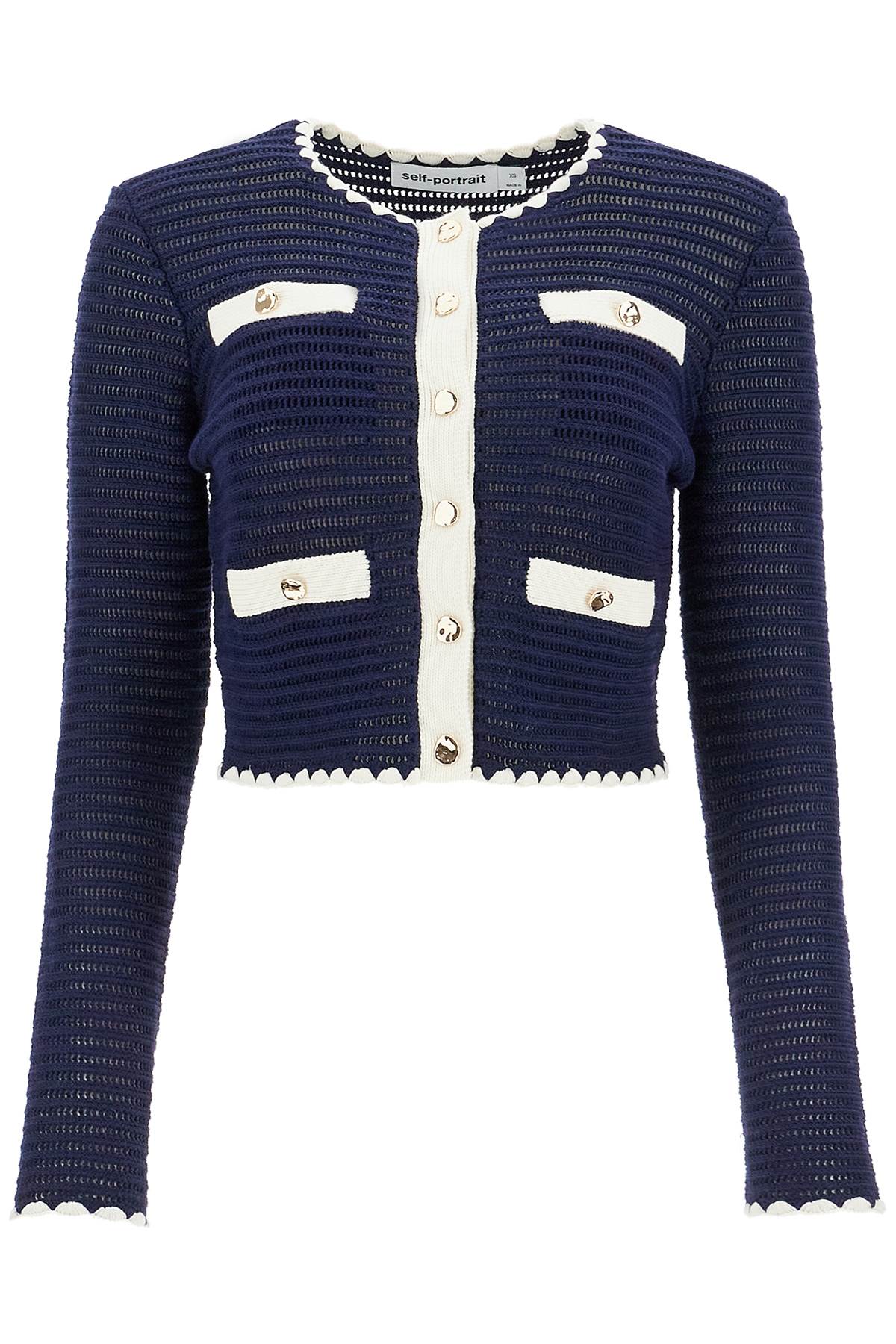 Shop Self-portrait Cropped Crochet Cardigan For In Navy (blue)