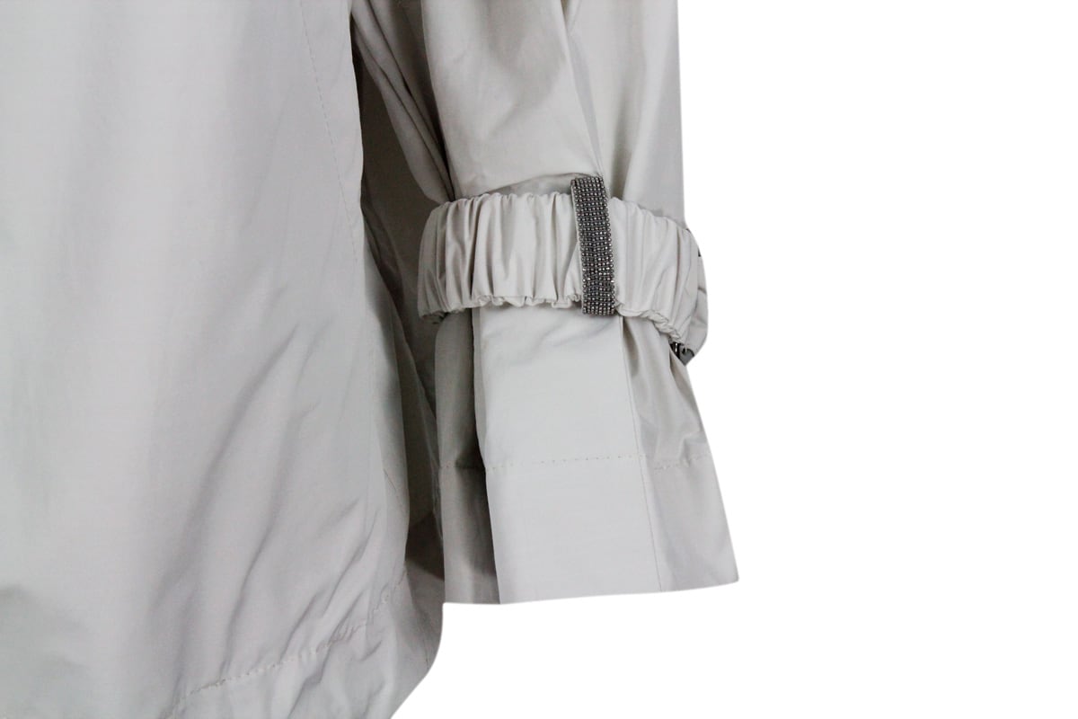 Brunello Cucinelli Water Resistant Outerware Jacket With Hood And Drawstring Hem. Curl On The Sleeve With Precious Jewe In Grey Plaster