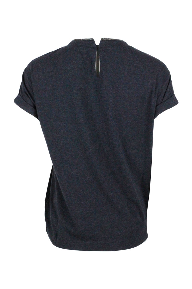 Brunello Cucinelli Short-sleeved T-shirt In Elasticized Stretch Cotton With A Crew Neck Edged With Jewels In Grey Antracite