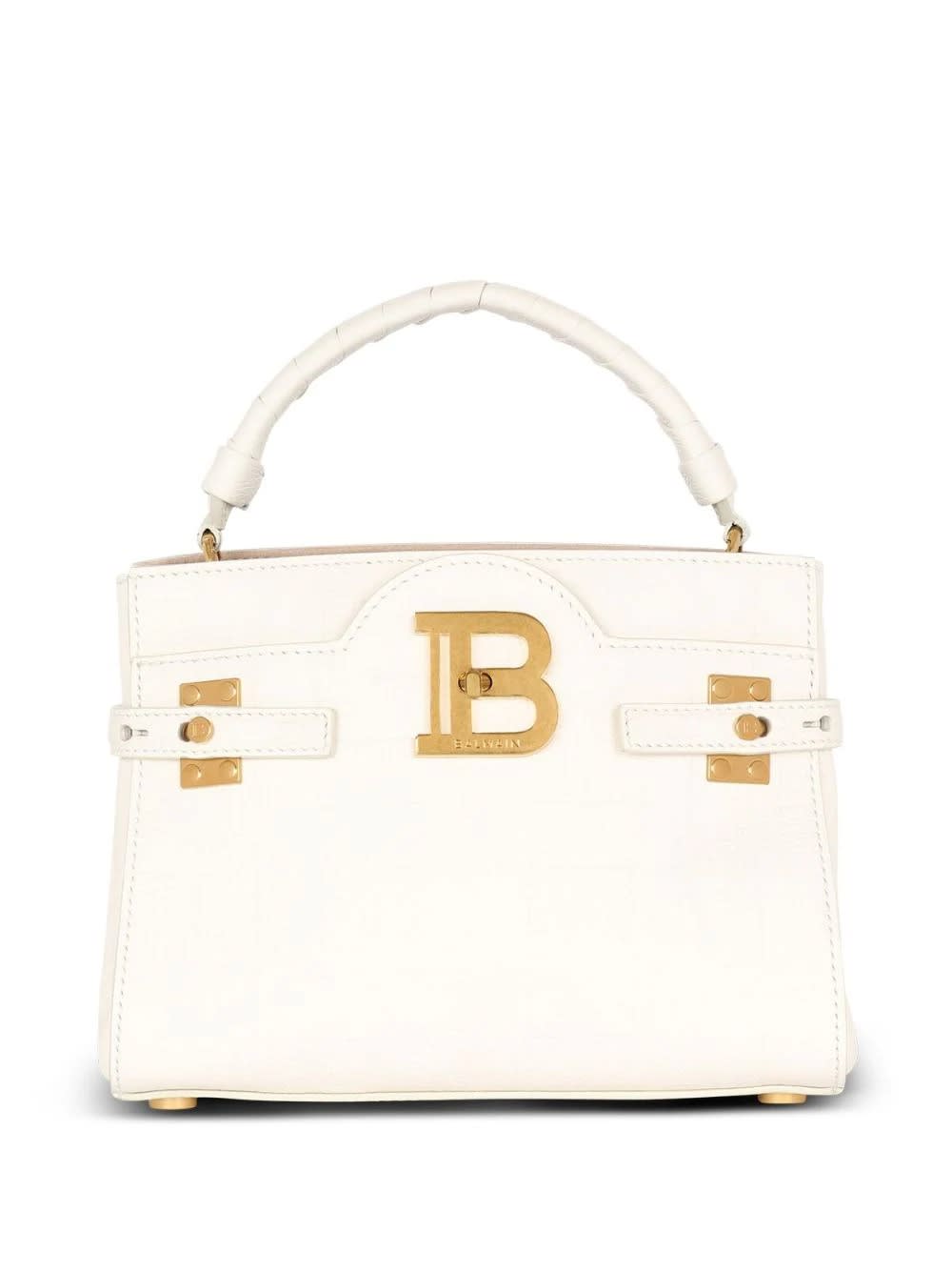 BALMAIN B-BUZZ 22 TOP HANDLE BAG IN WHITE GRAINED LEATHER WITH MONOGRAM
