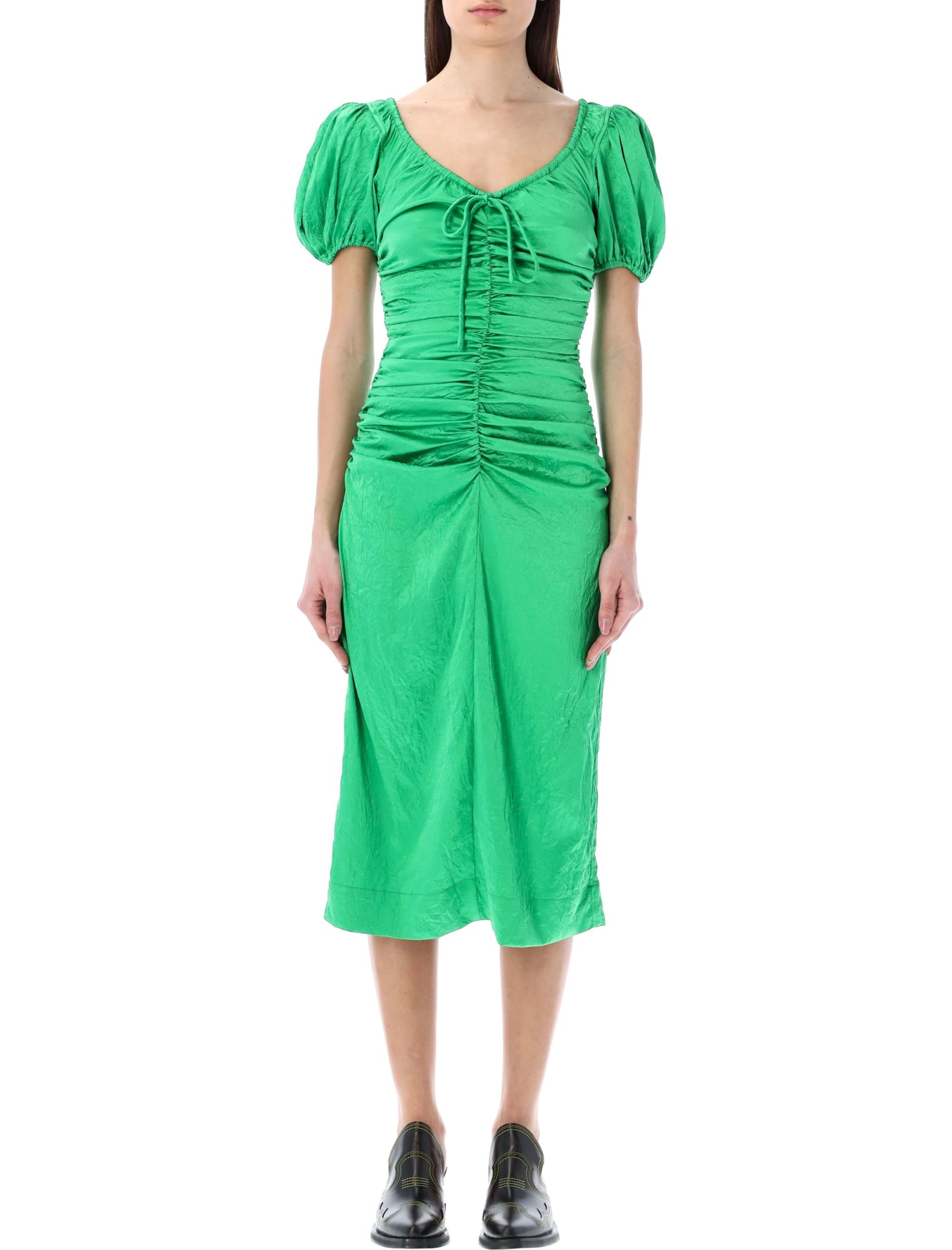 Ganni Short Sleeve Green Crinkled Satin Midi Dress In Bright Green