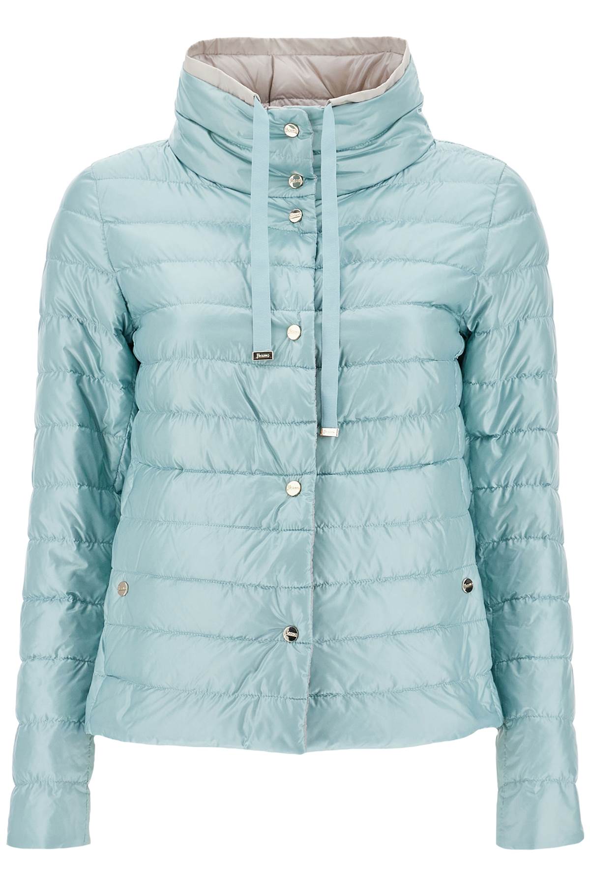 Herno Short Puffer Jacket In Ice Blue Nylon With Metal Buttons In Azzurro/ghiaccio (blue)