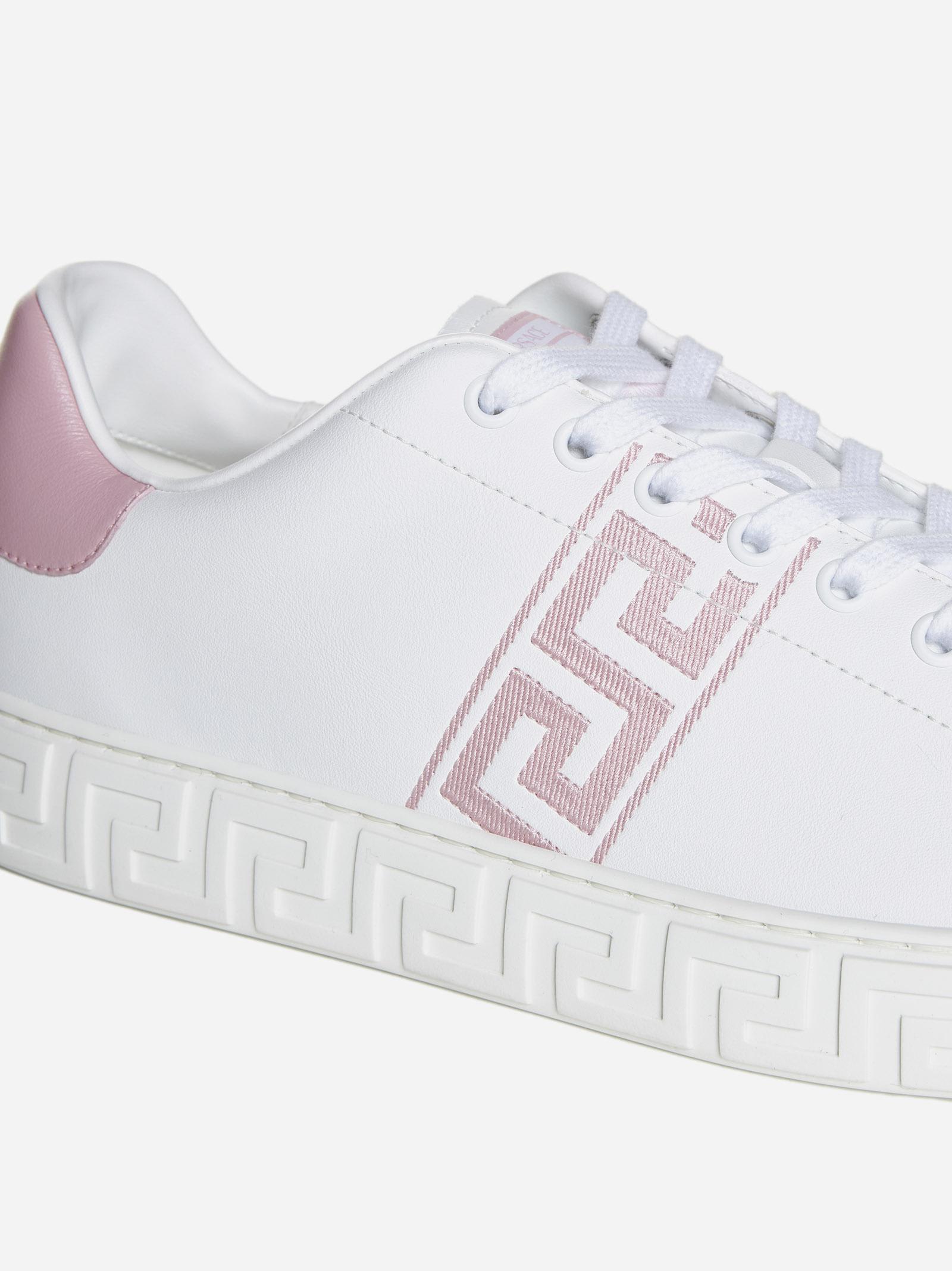 Shop Versace Greca Faux Leather Sneakers In White