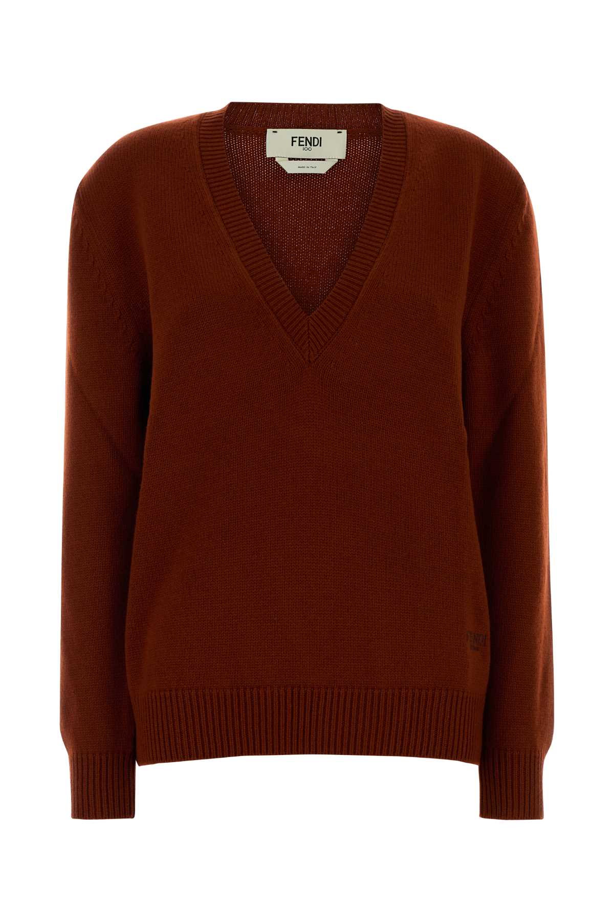 Fendi Cashmere Sweater With V-neck And Long Sleeves In Brown