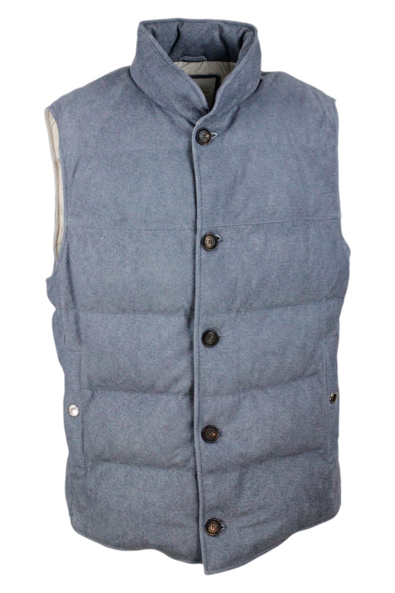 Brunello Cucinelli Sleeveless Down Jacket In Denim Effect Suede With A Slightly Shaded Blue Nuance.