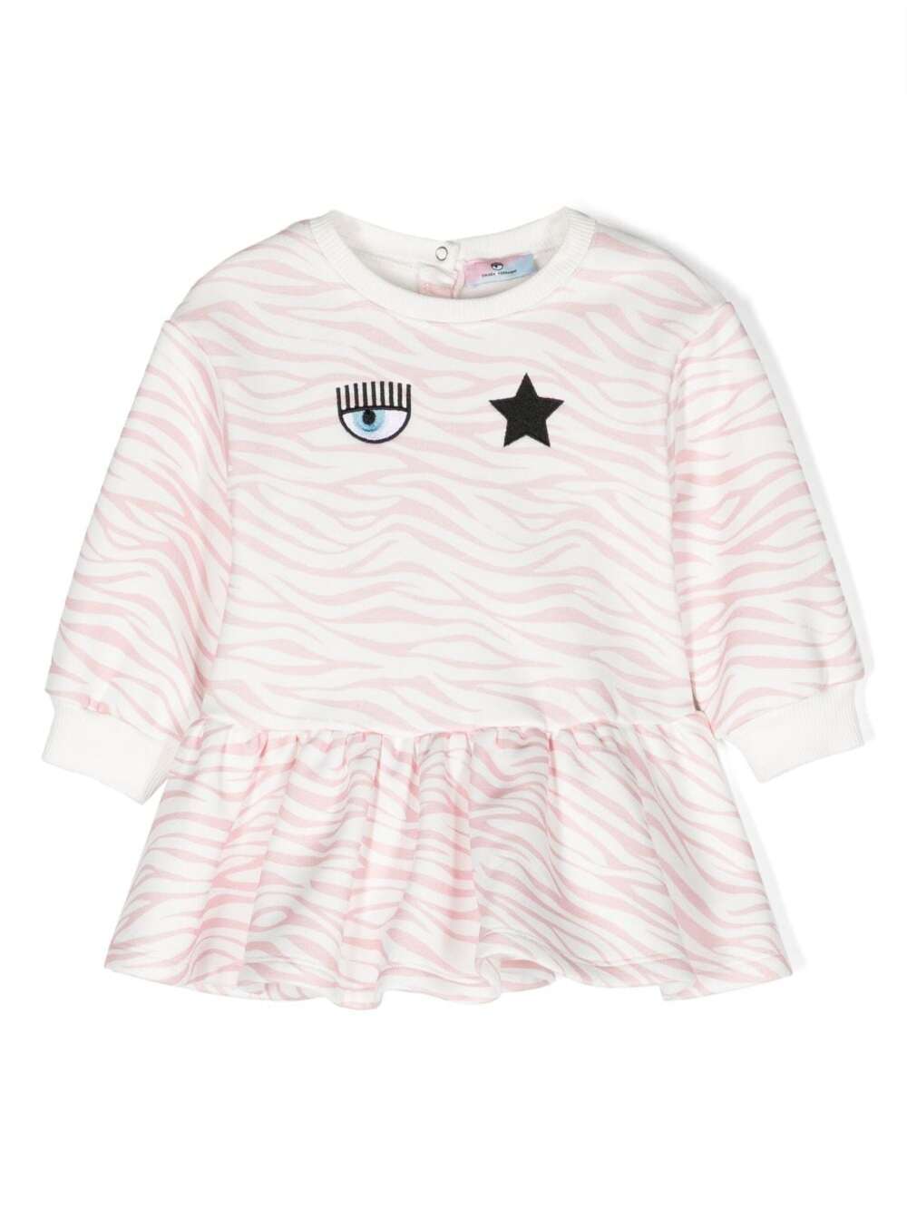 Shop Chiara Ferragni Pink Long-sleeved Dress With Frill And Animalier Print In Cotton Blend Baby