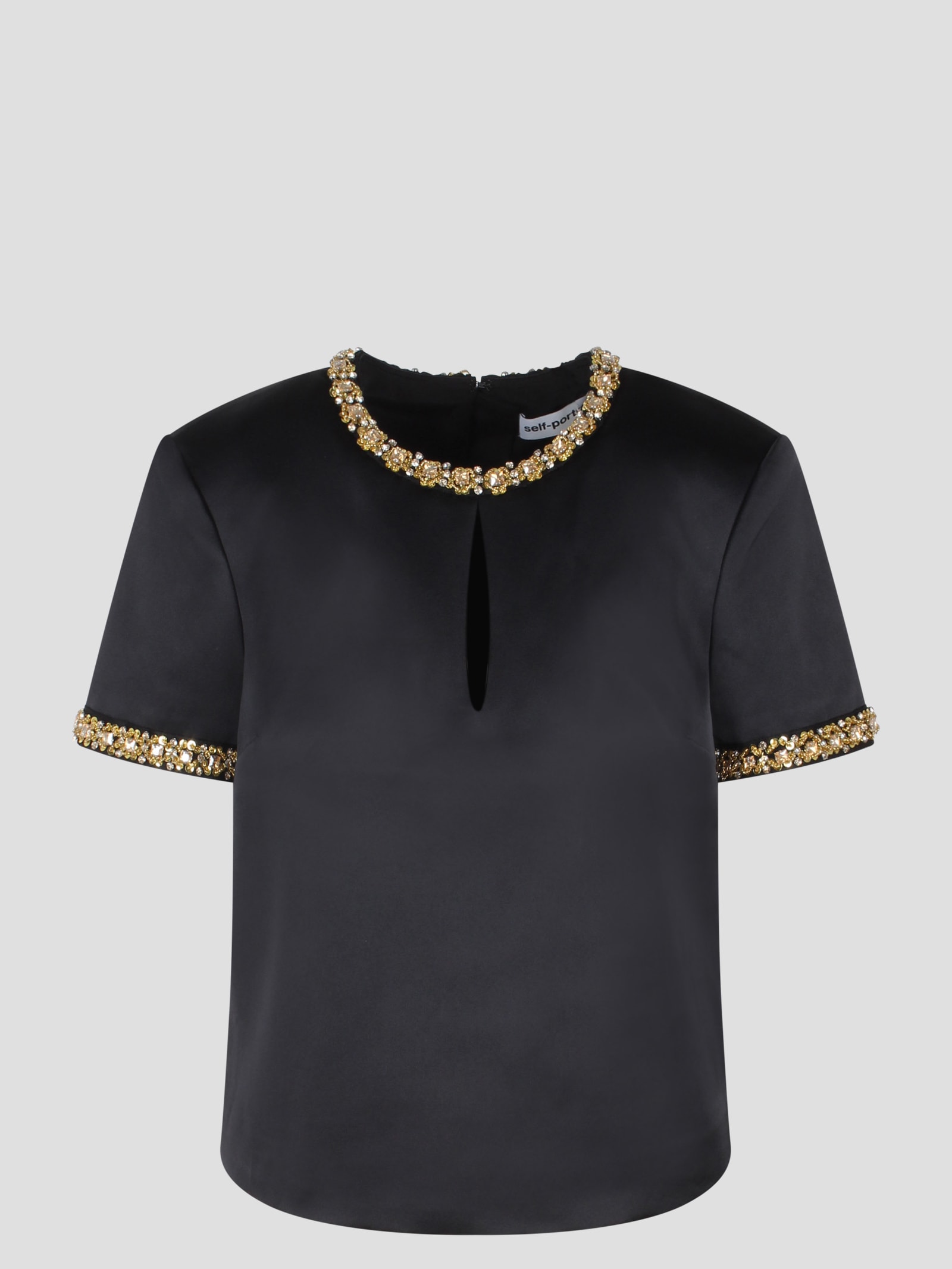 Shop Self-portrait Satin Embellished Top In Black