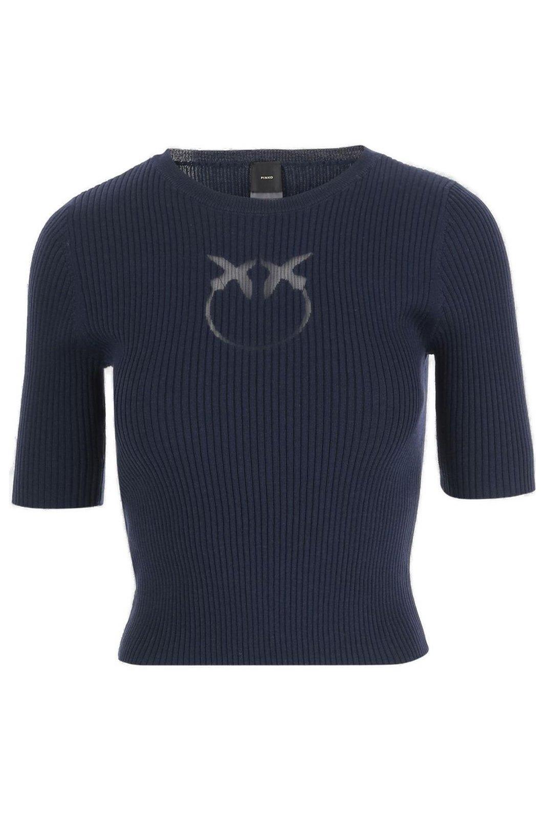 Pinko Crewneck Embroidered Tritone Ribbed Short Sleeves Sweater In Blue