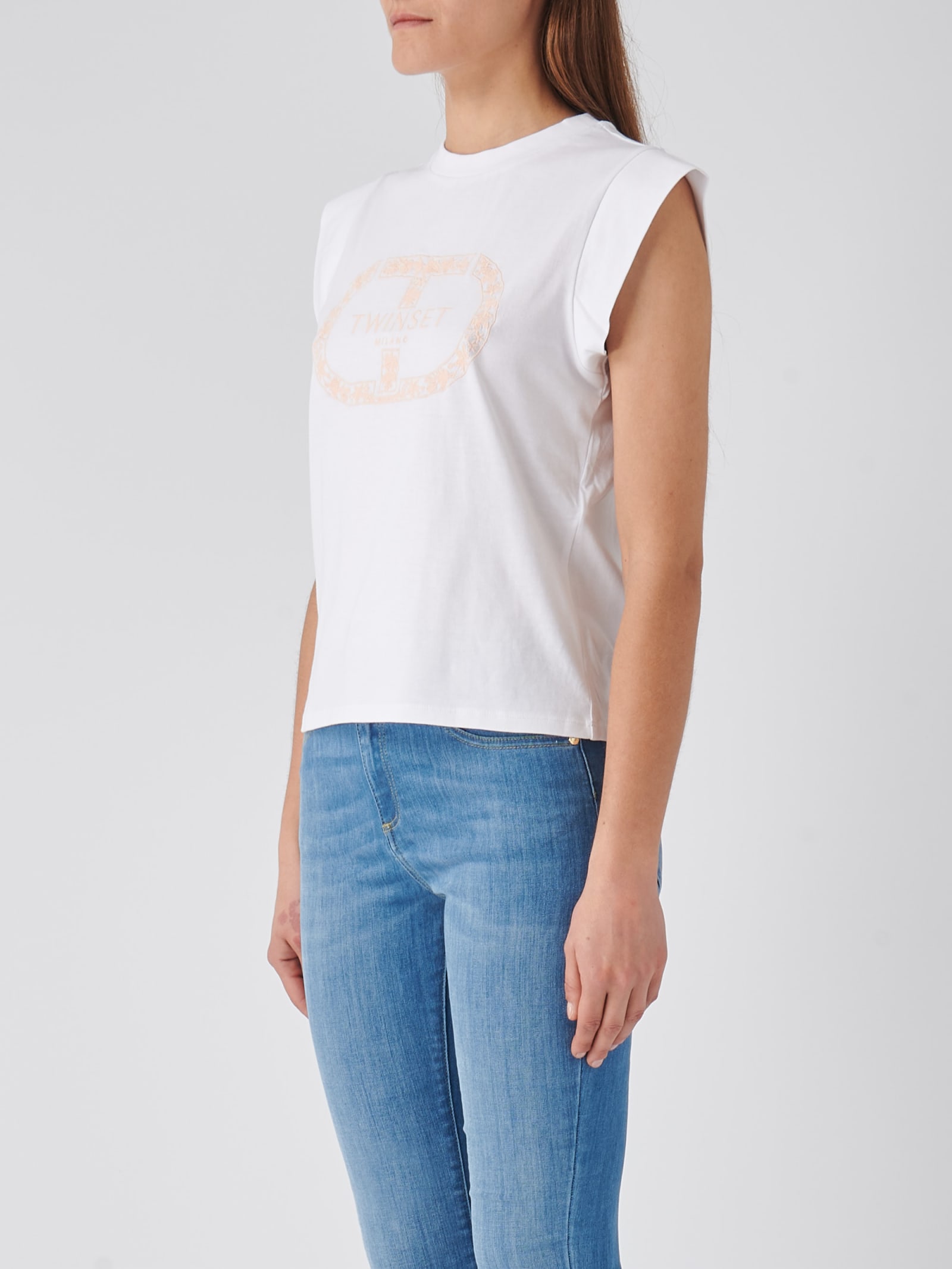 Shop Twinset Cotton T-shirt In Bianco-rosa