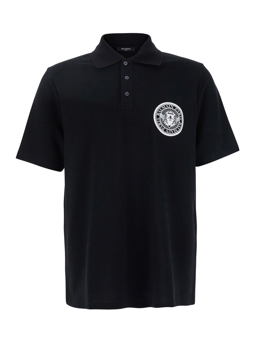 Balmain Black Polo Shirt With Collar And Coin Print On The Front In Cotton Man