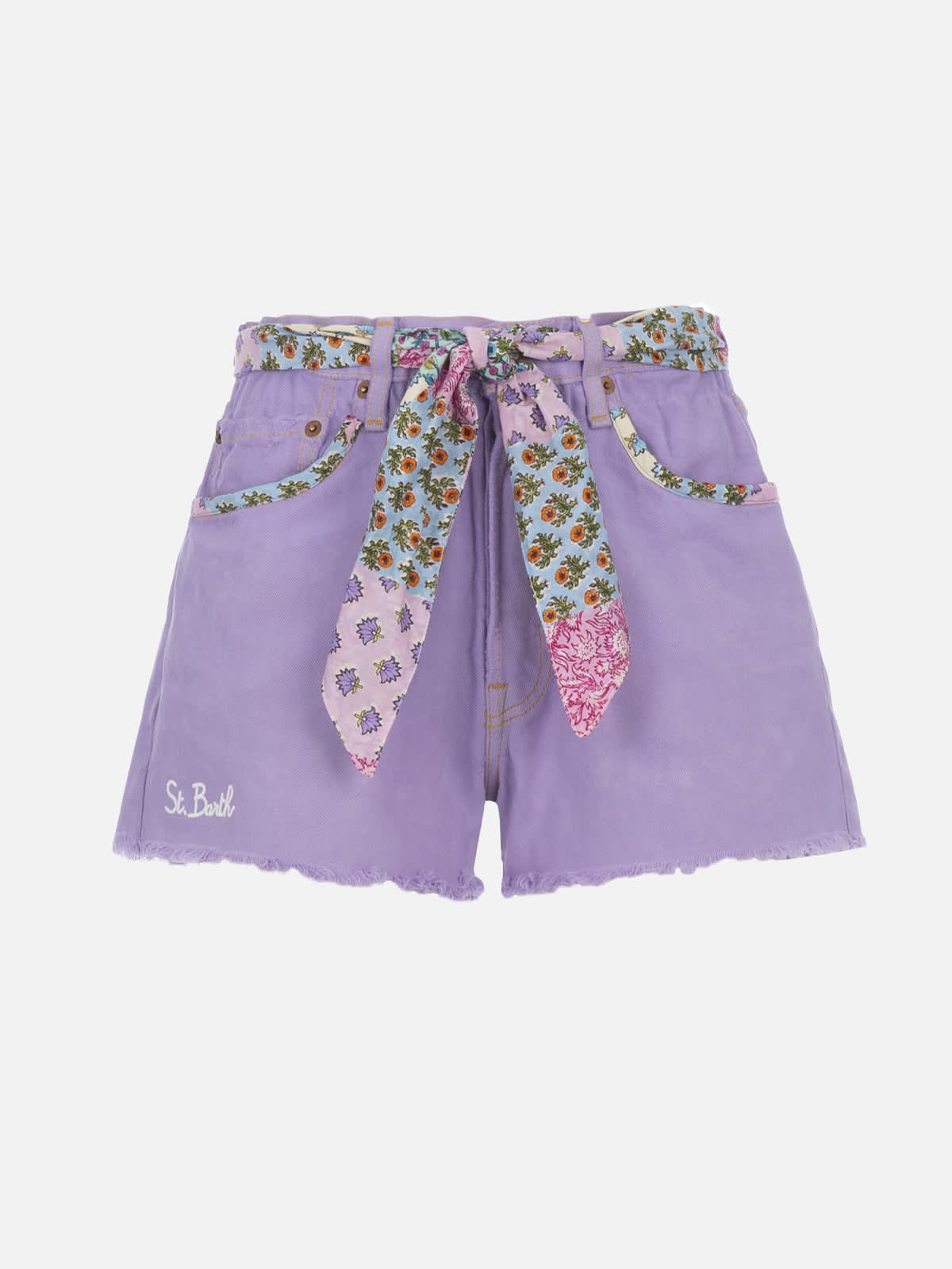 Mc2 Saint Barth Woman Upcycled Denim Shorts Arizona With Patches In Lilac