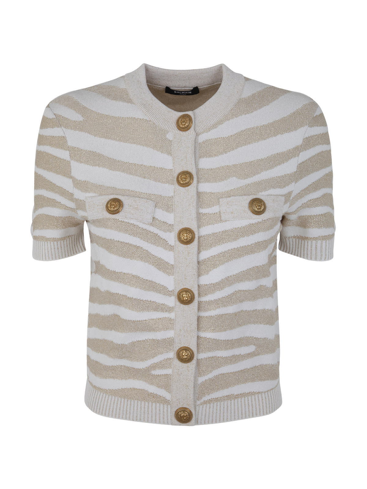 Balmain Button-embellished Metallic Ribbed-knit Cardigan In Gad Blanc Or