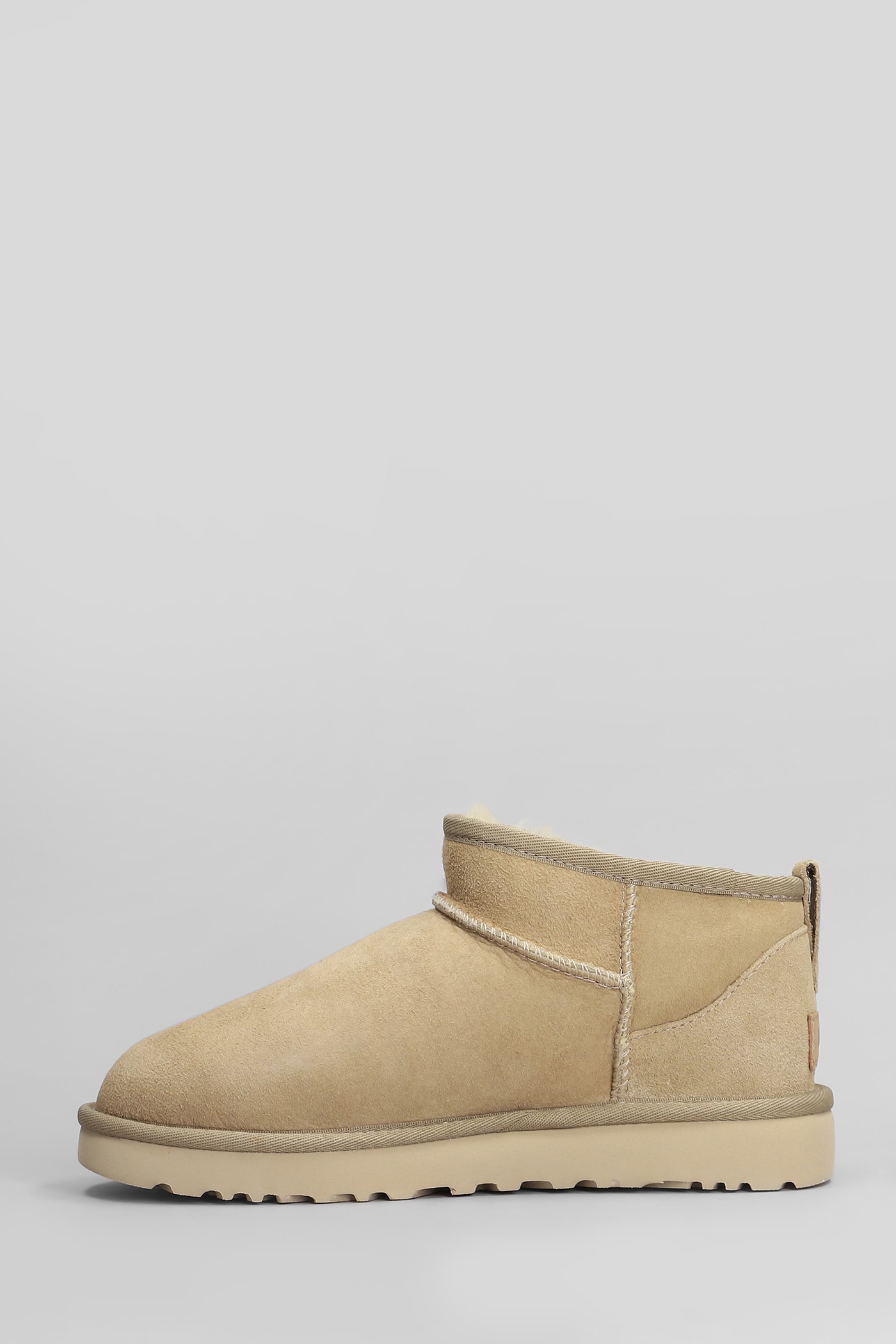 UGG CLASSIC ULTRA MINI LOW HEELS ANKLE BOOTS IN BEIGE SUEDE
