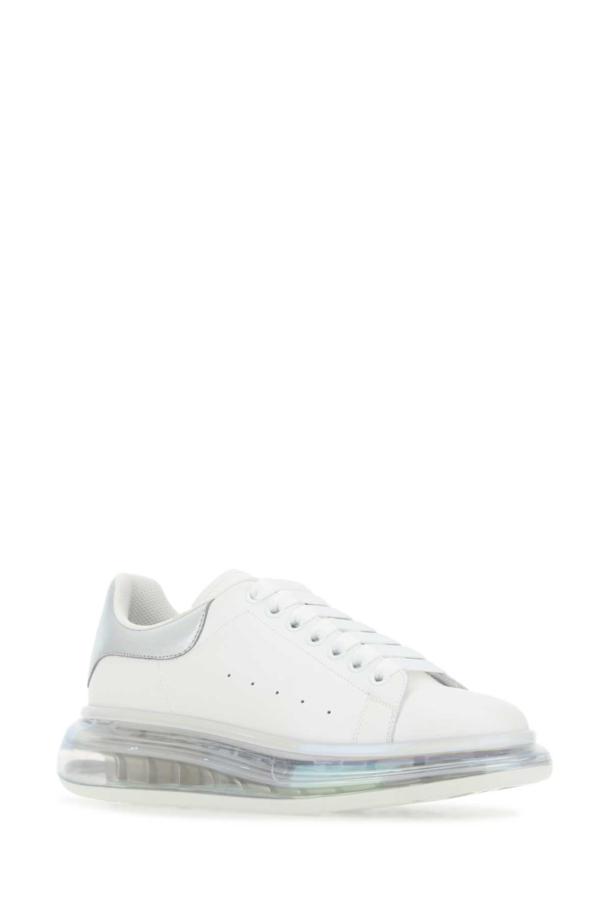 Alexander Mcqueen White Leather Sneakers With Silver Leather Heel In 9637