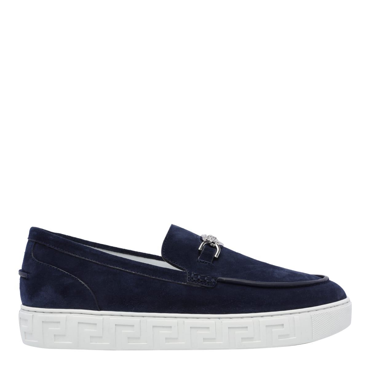 Shop Versace Medusa 95 Suede Greca Loafers In Blue