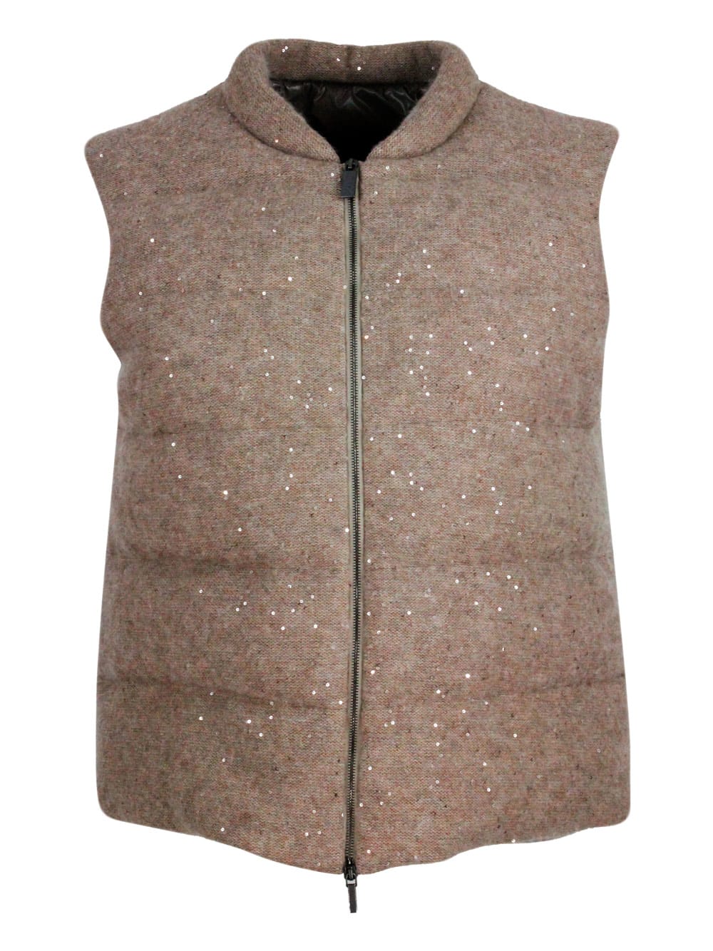 Fabiana Filippi Sleeveless Waistcoat Padded With Real Goose Down In Wool, Silk And Cashmere Embellished With Micro Sequin In Nut