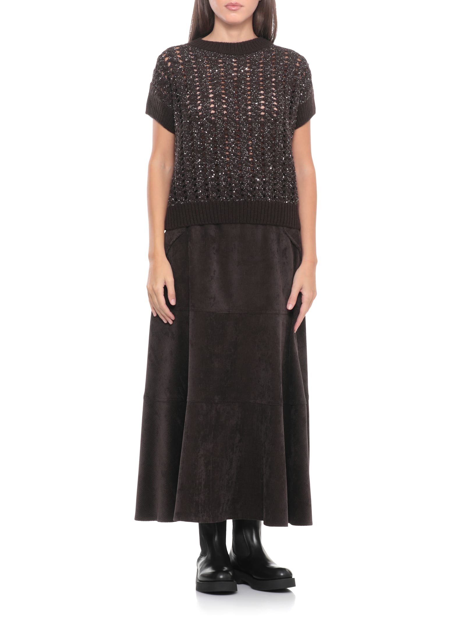 D Exterior Sequin-embellished Open-knit Sweater In Brown