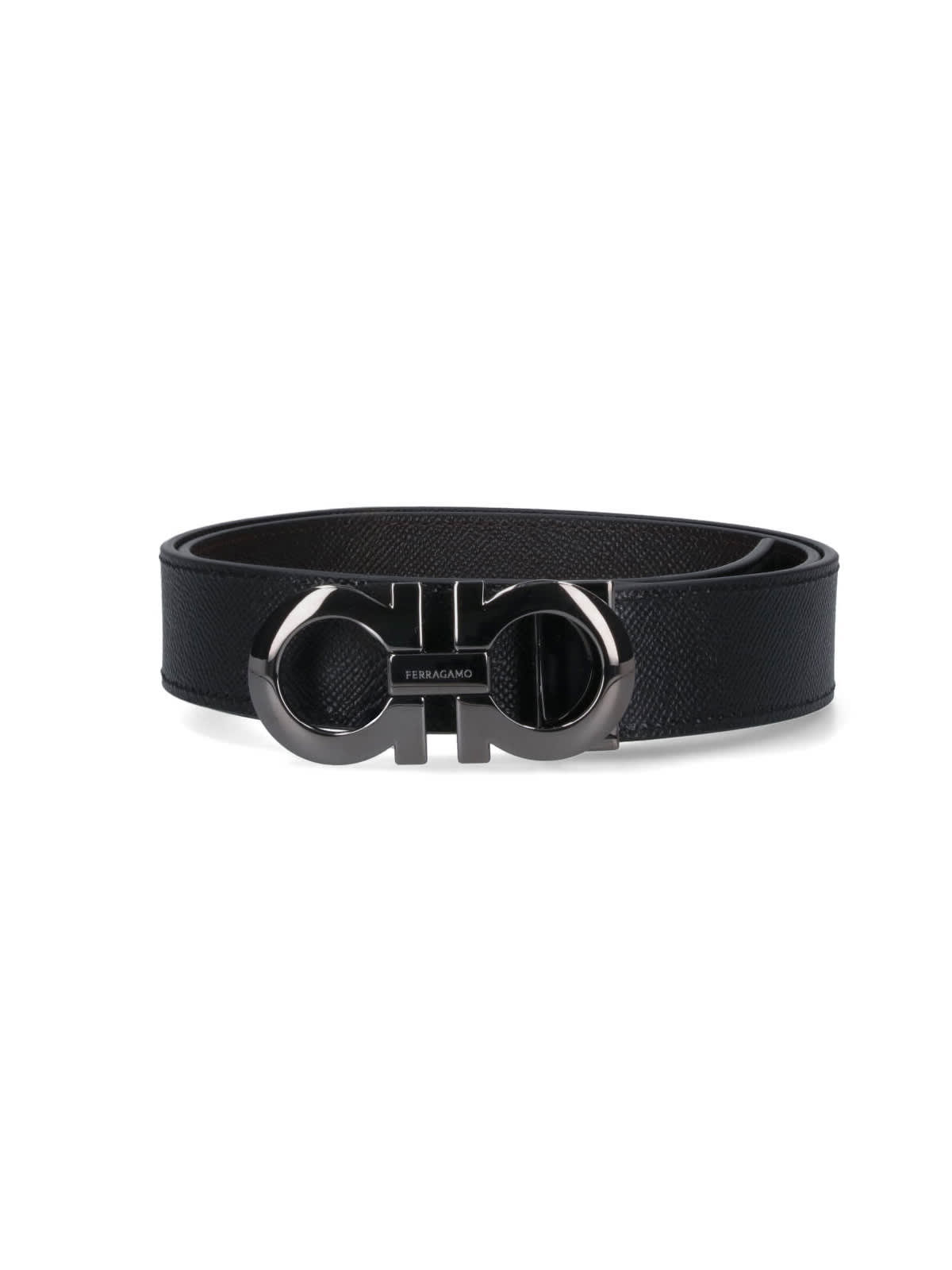 Ferragamo Hammered Leather Reversible Belt In Black