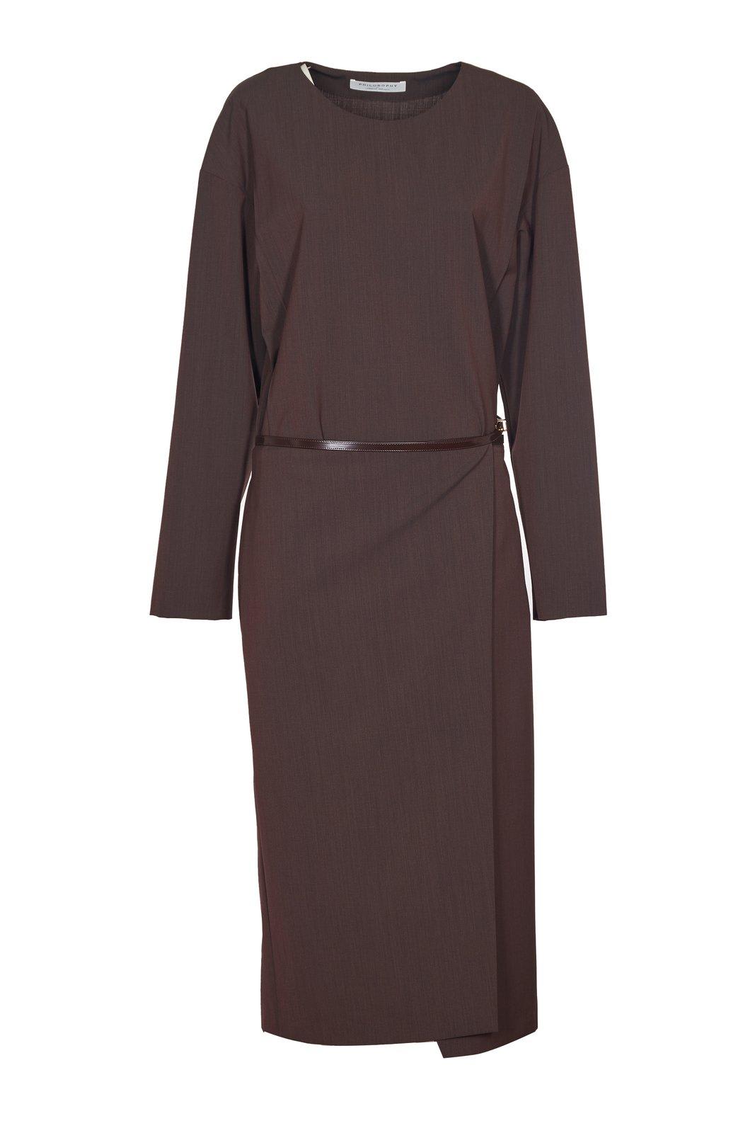 Shop Philosophy Di Lorenzo Serafini Belted Crewneck Midi Dress In Brown