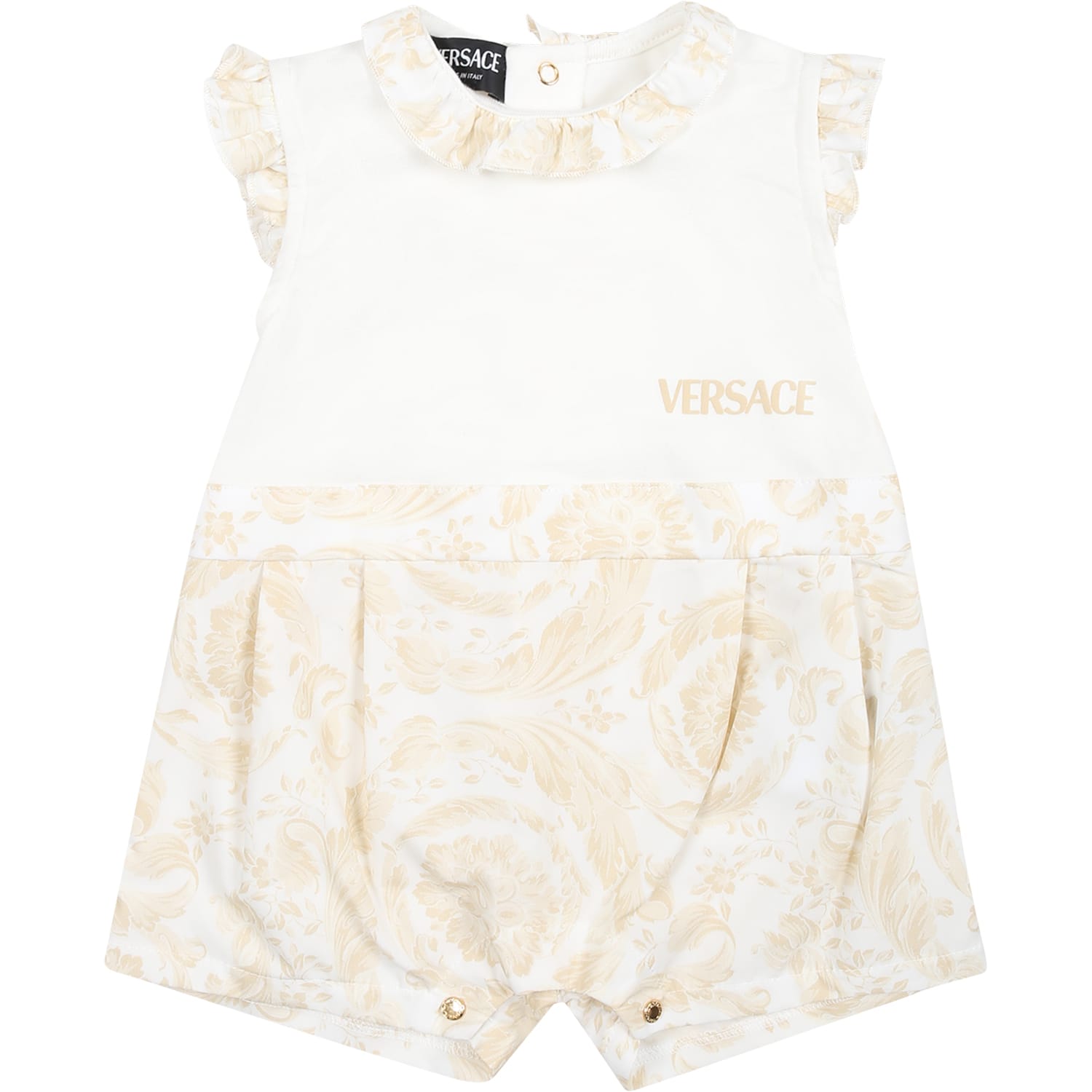 Versace Beige Romper For Babies With Baroque Print