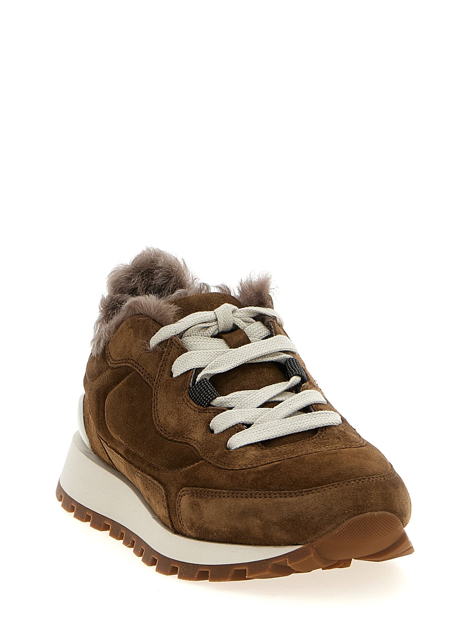 Brunello Cucinelli Runner Monili Suede And Canvas Sneakers In Nude