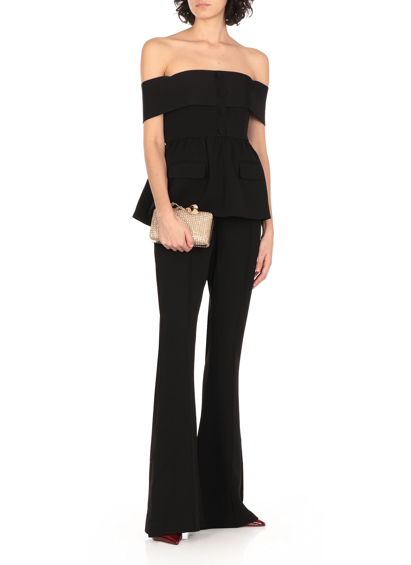 Self-portrait Black Crepe Off Shoulder Jumpsuit Black In Black