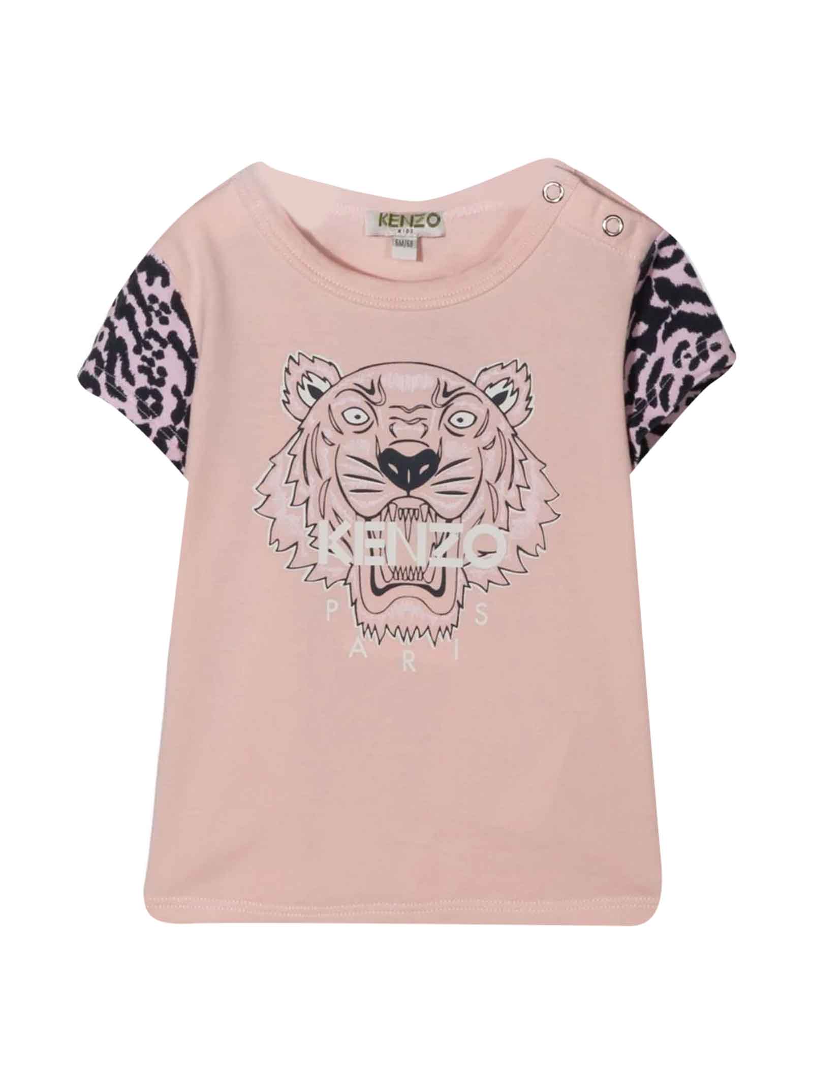 Kenzo Kids Pink Baby Girl T-shirt With Tiger Head Print, Round Neckline, Short Sleeves And Buttoned Shoulder By