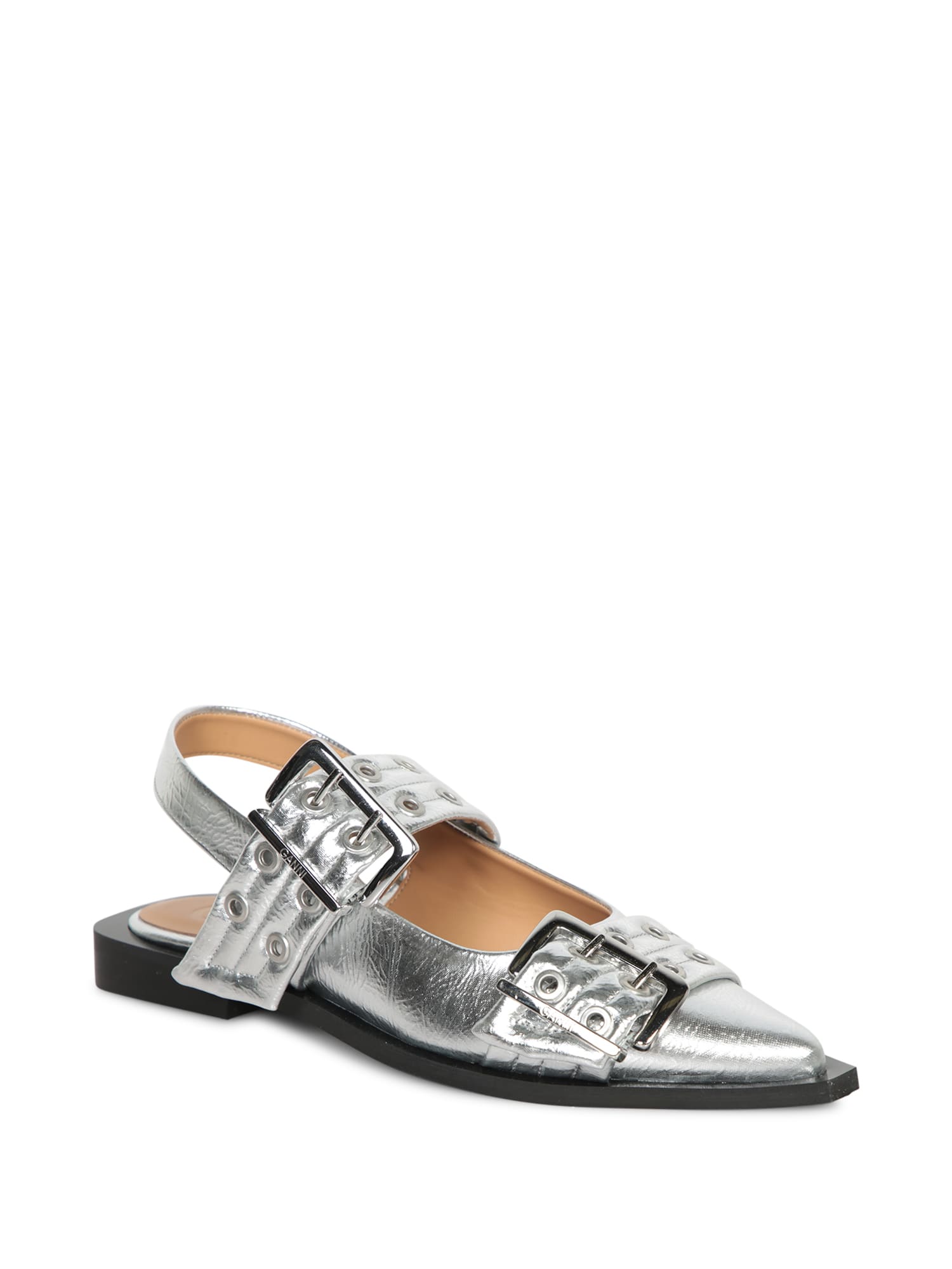 Shop Ganni Silver Buckle Flats In Metallic