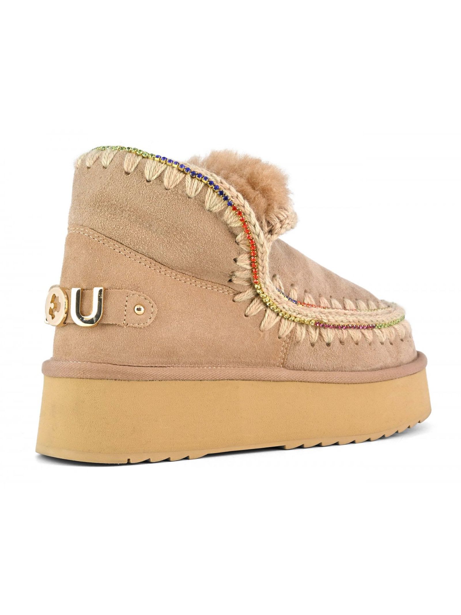 Shop Mou Eskimo 18 Platform Rhinestones Camel Suede In Beige