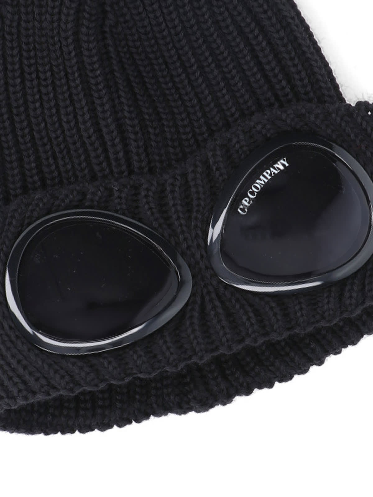 C.p. Company Black Knit Beanie With Googles Detail On The Front In Black
