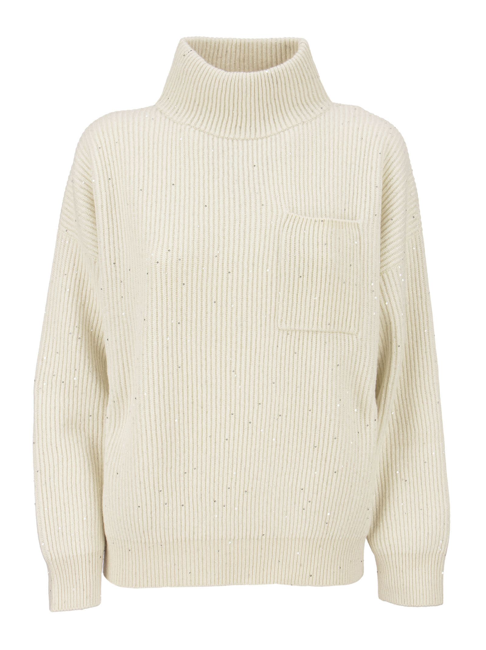 Brunello Cucinelli High Neck Cashmere And Wool Rib Sweater