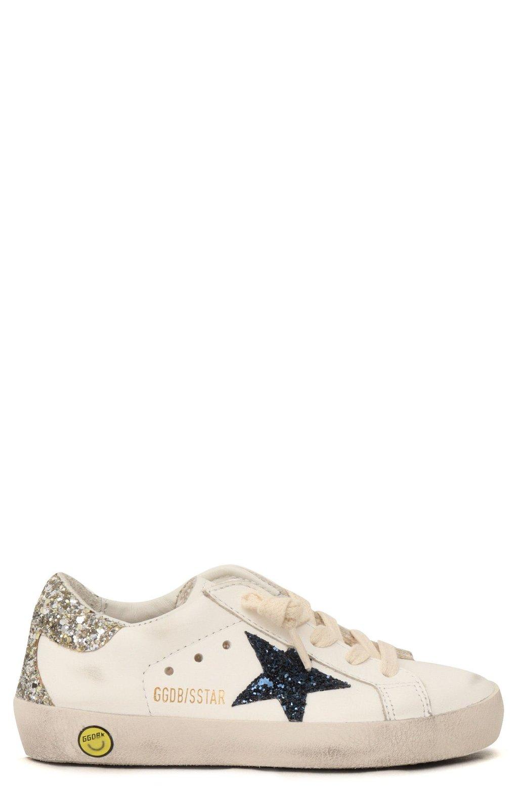 Shop Golden Goose Super Star Lace-up Sneakers In White/platinum/blue