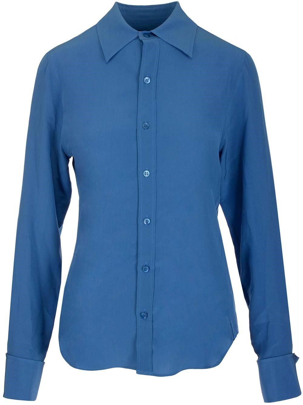 Shop Saint Laurent Crepe De Chine Fitted Shirt In Deep Blue