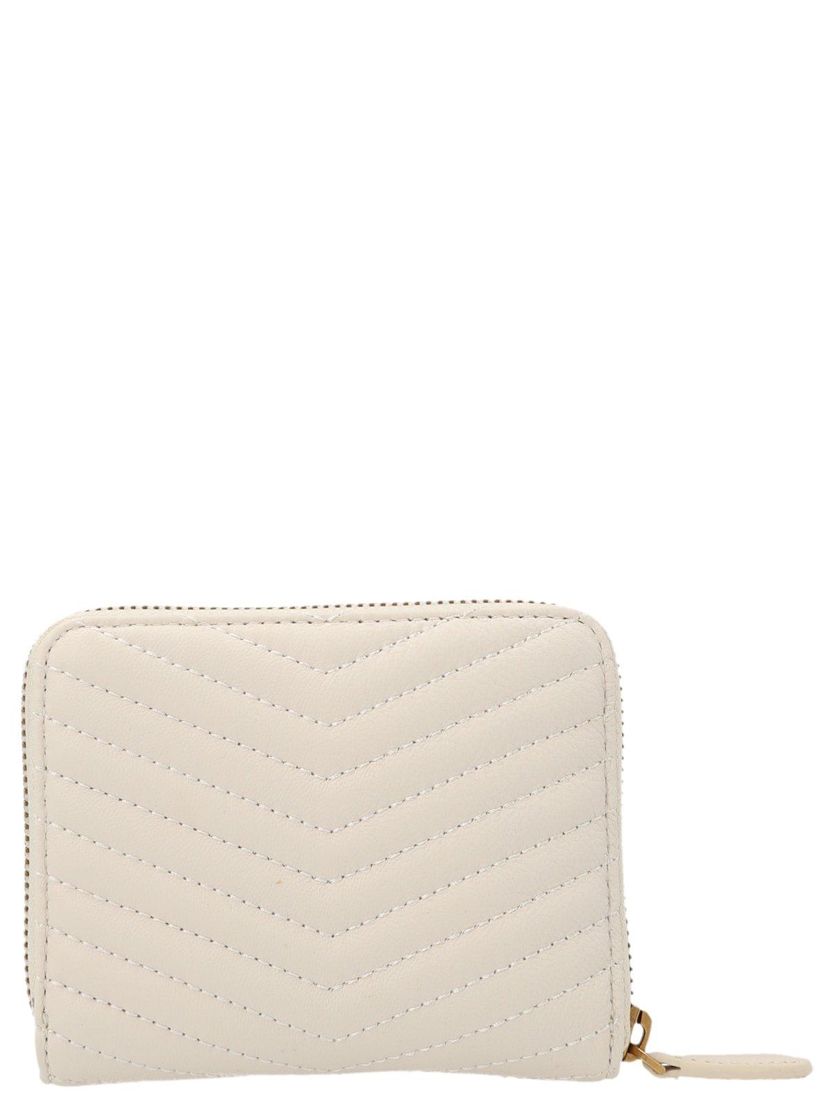 Pinko Logo Plaque Quilted Zipped Wallet In Bianco Seta-antique Gold