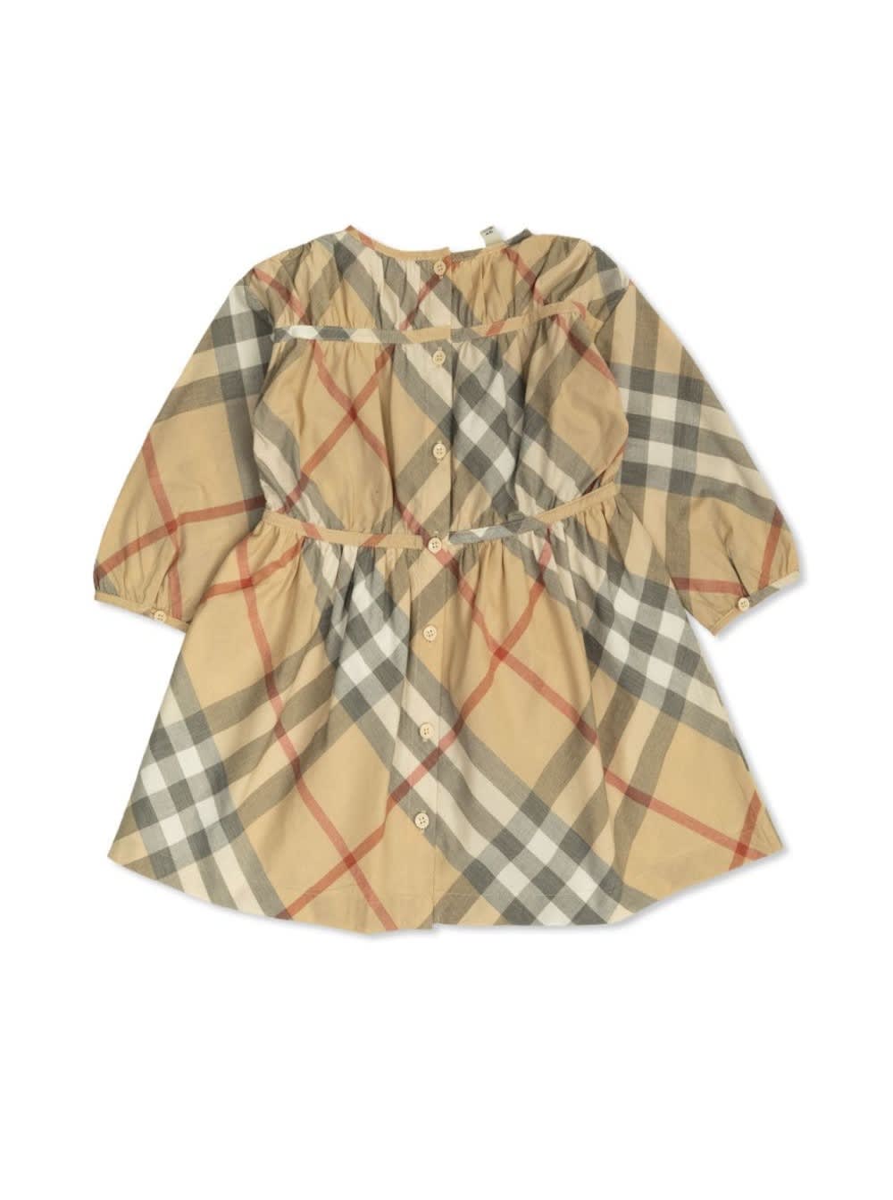 Burberry Beige Dress With Check Motif In Cotton Baby In Multicolor