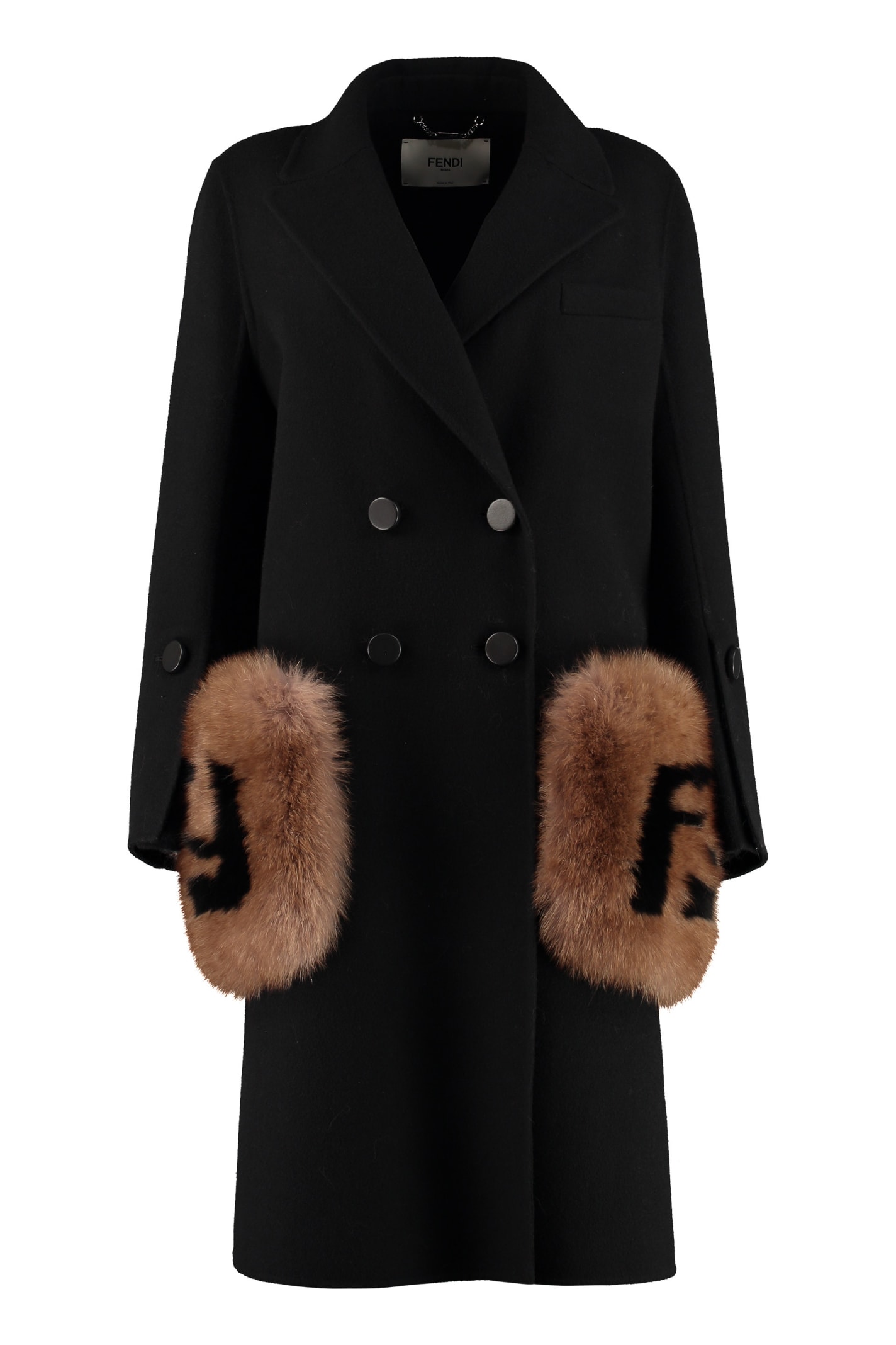 Fendi Double Breasted Wool Coat With Genuine Fox Fur Logo Pockets In ...