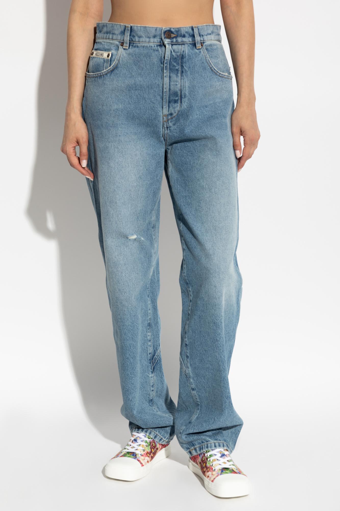 Moschino High-rise Distressed Five-pocket Trousers With Belt Loops In Blue