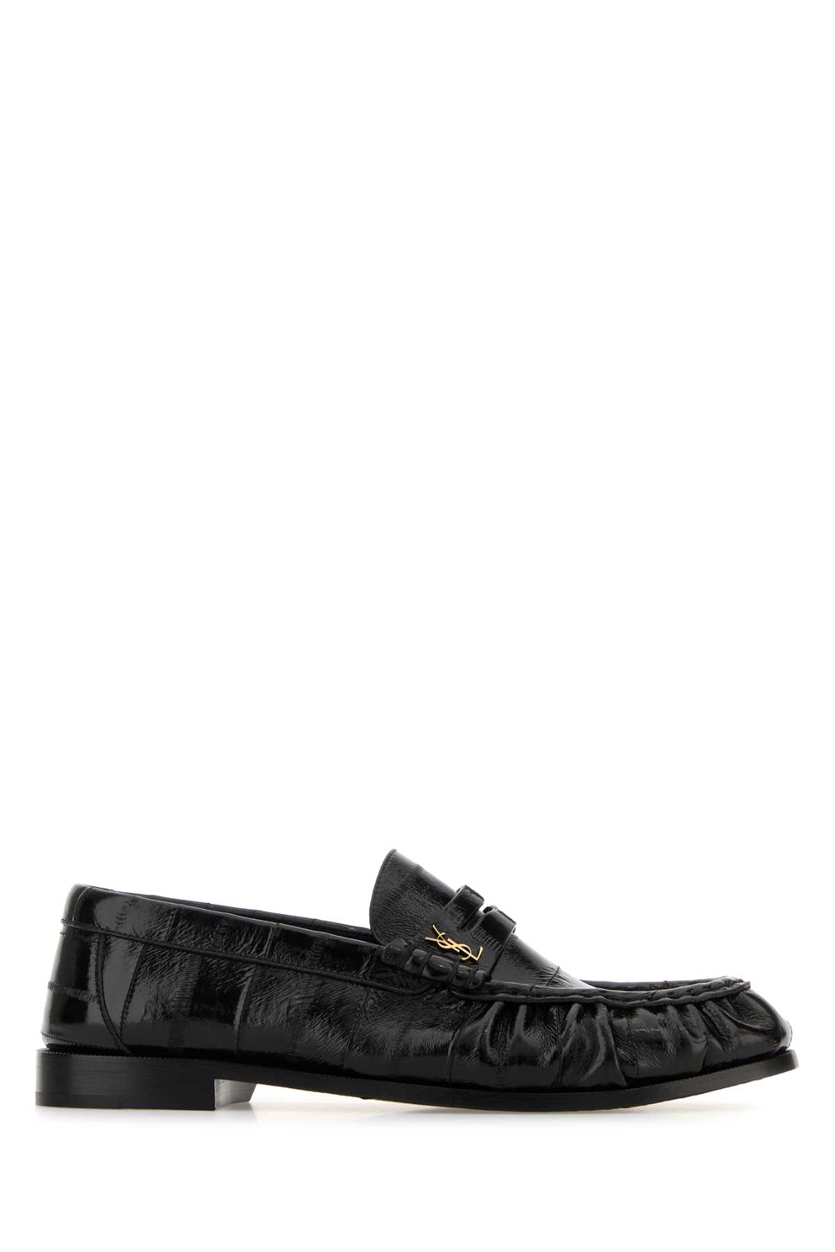 Saint Laurent Round Toe Leather Loafers With Textured Finish In Black