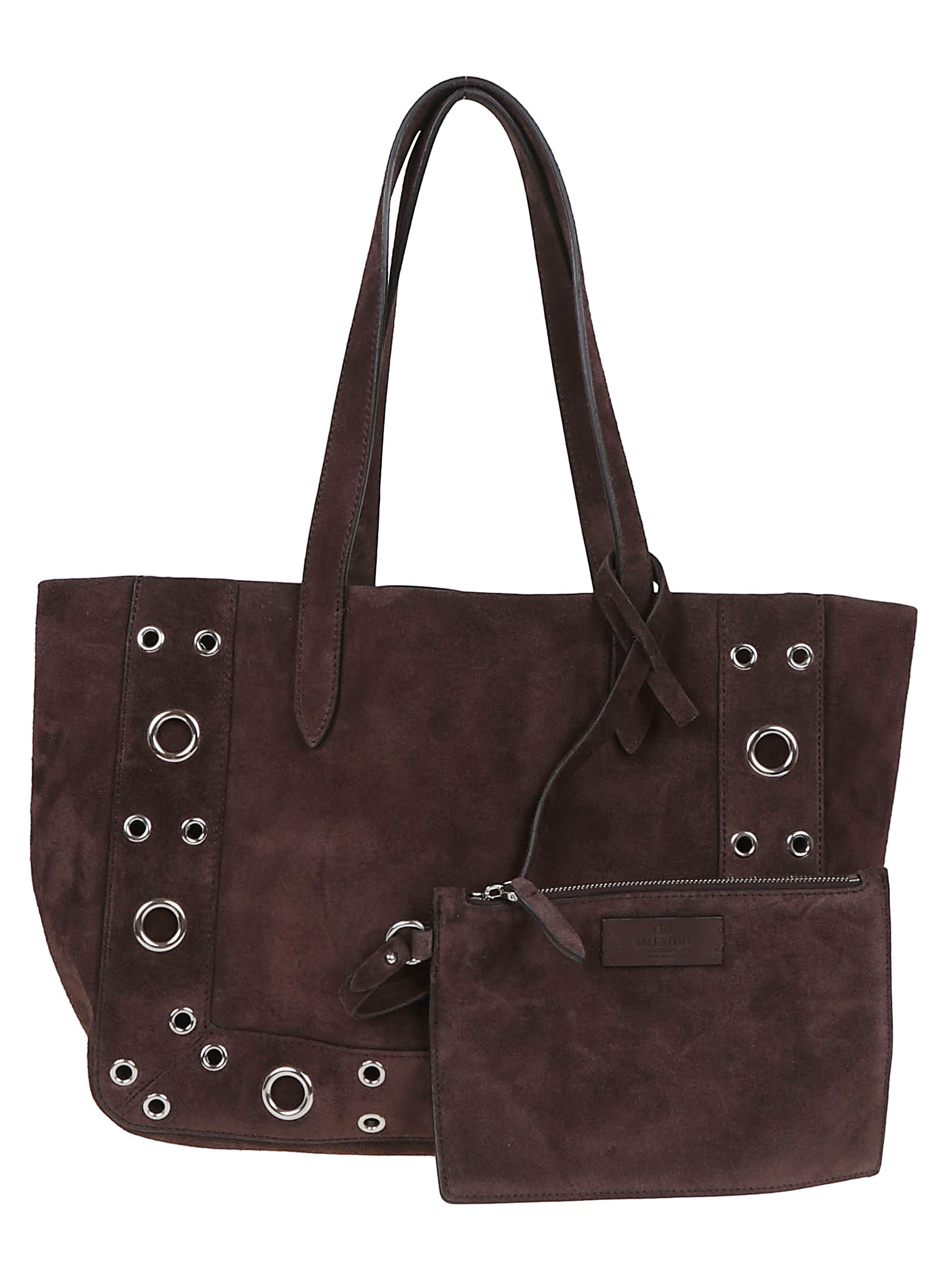 Valentino Garavani Medium Brown Leather Tote With Ball Studs And Eyelet Details