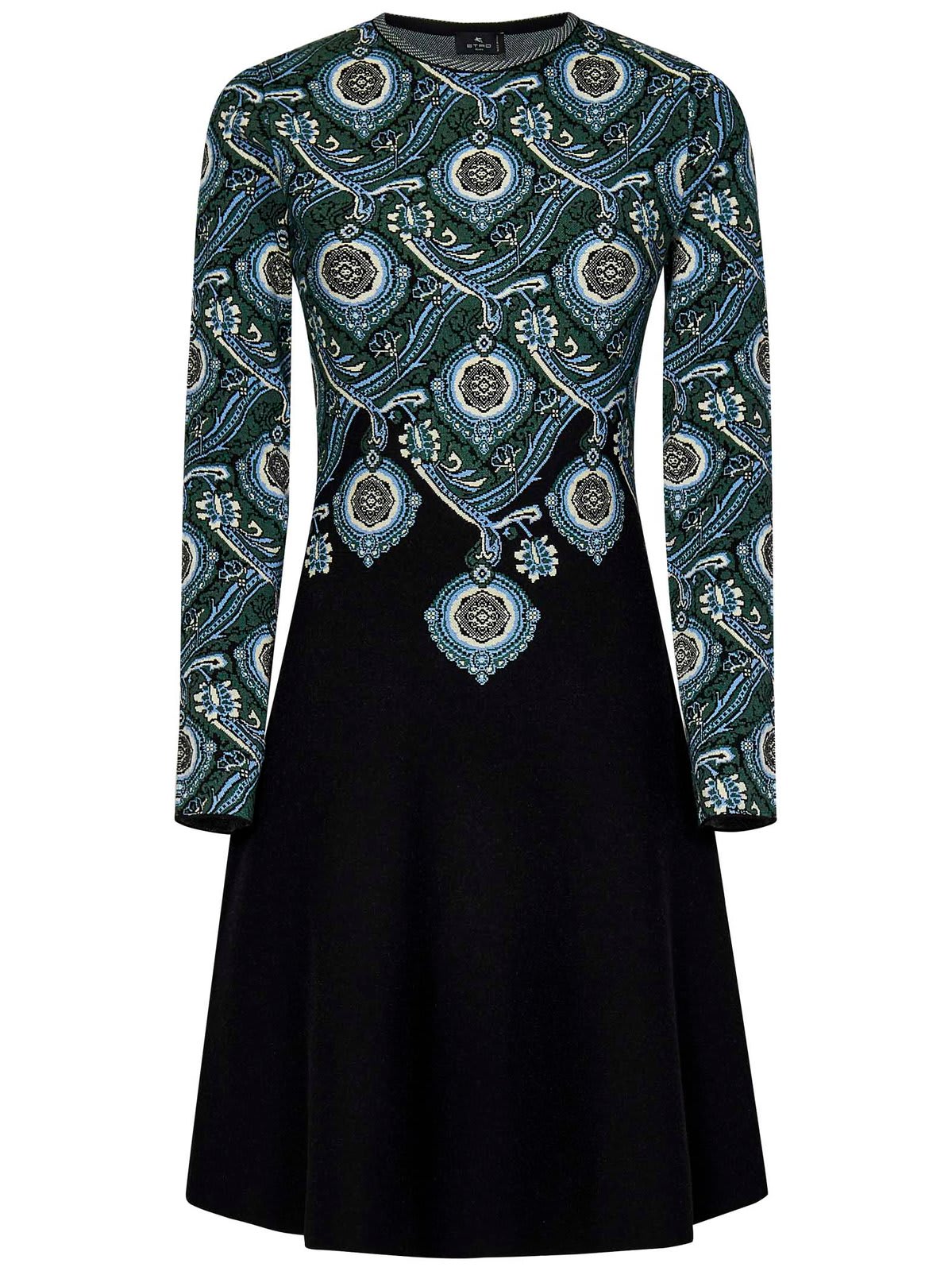 Shop Etro Jacquard-pattern Crewneck Mini Dress In Green/black