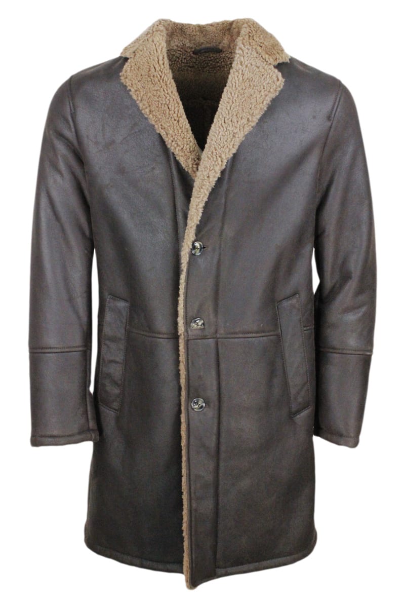 Single-breasted Shearling Sheepskin Coat With Button Closure And Side Pockets