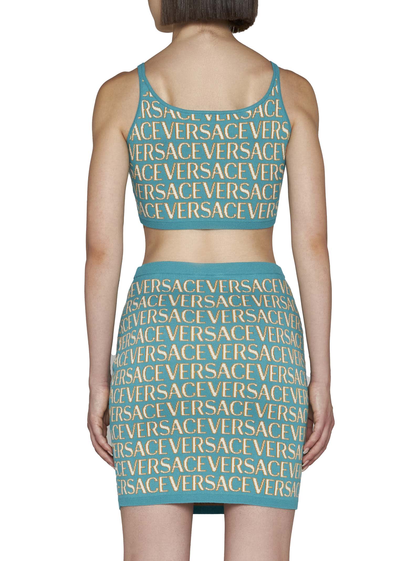 Versace Logo-print Cropped Cardigan In Turquoise