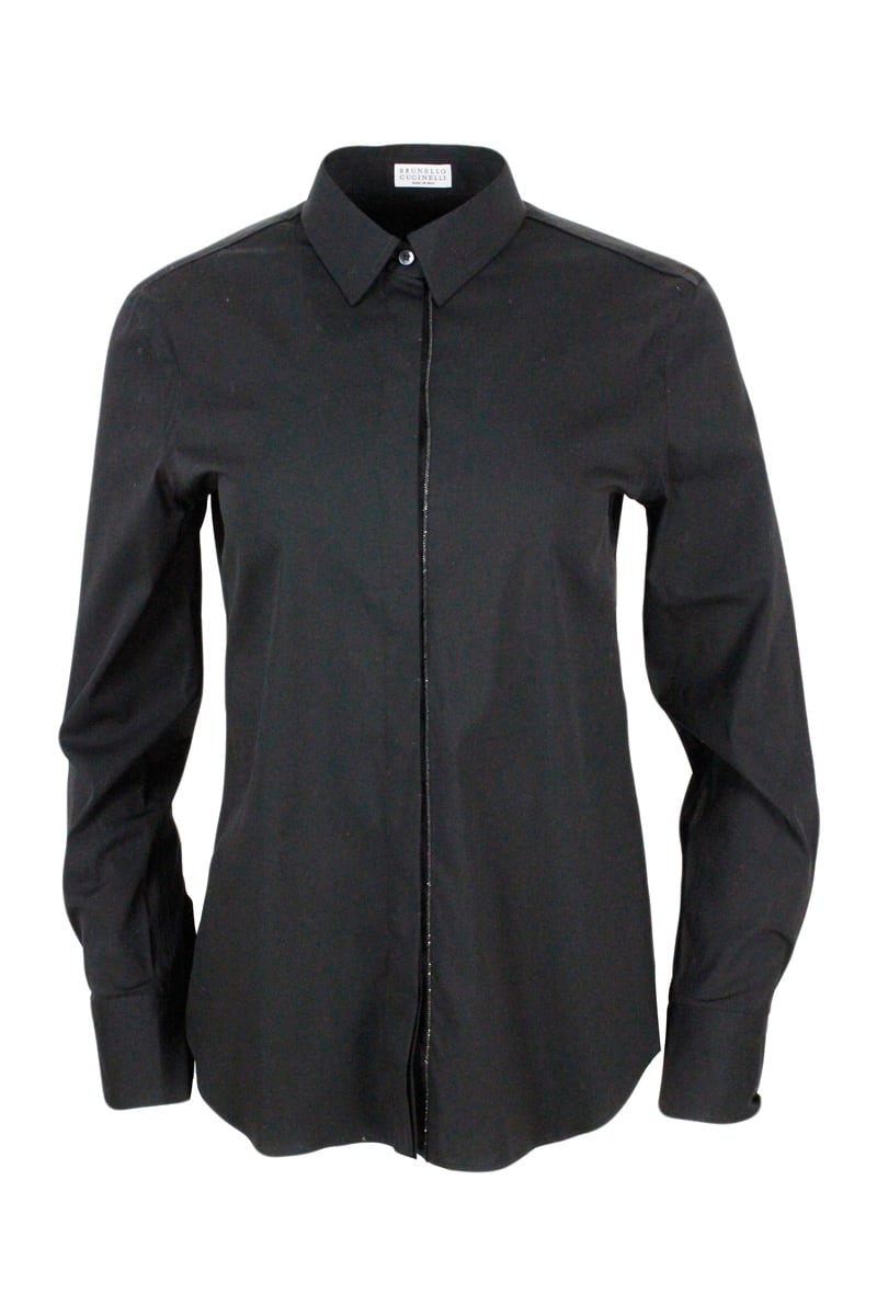 BRUNELLO CUCINELLI LONG-SLEEVED SHIRT IN STRETCH COTTON WITH LONG MONILI CLOSURE