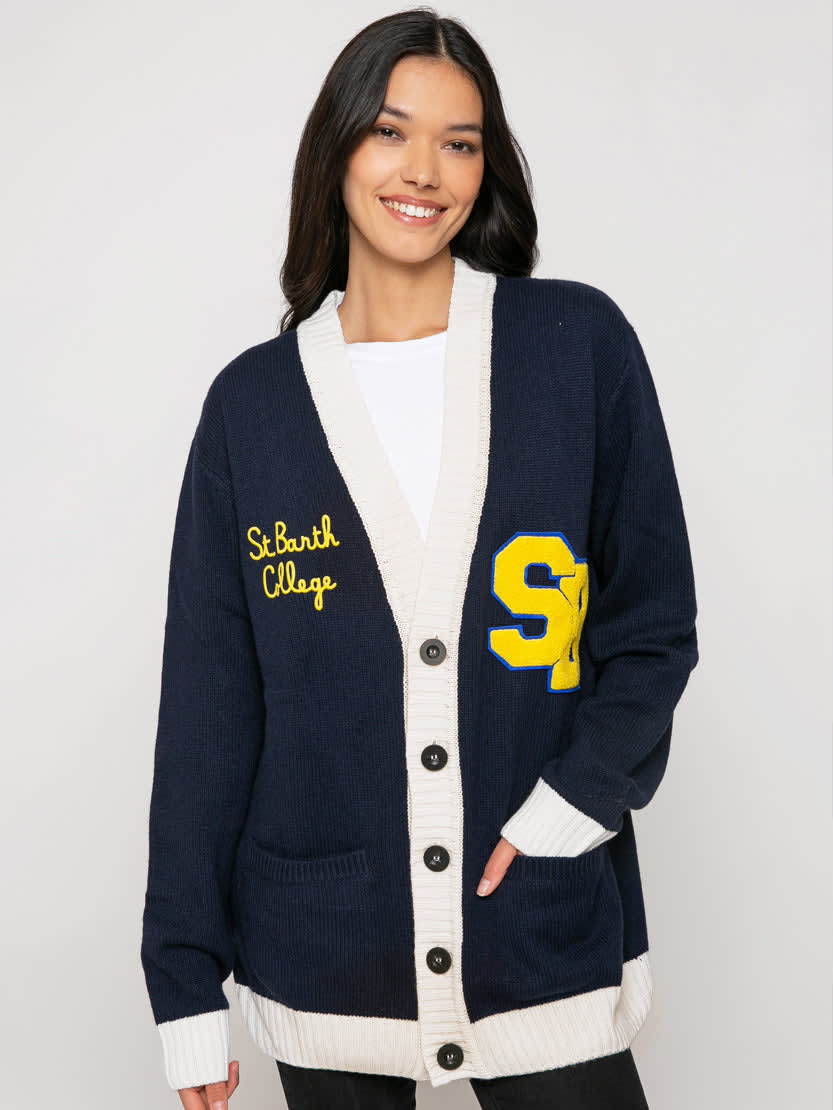 Mc2 Saint Barth Knitted Cardigan With Patch And St. Barth College Embroidery In Blue
