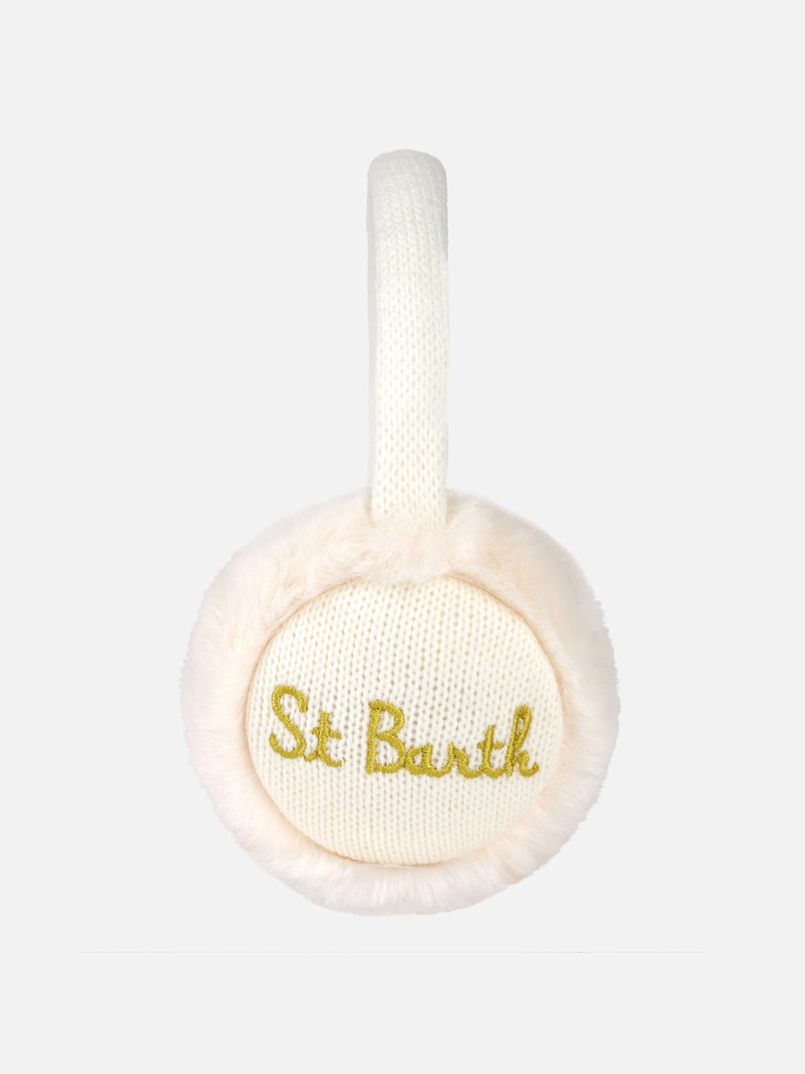 Mc2 Saint Barth Woman White Tricot Earmuffs With Furry Details In White
