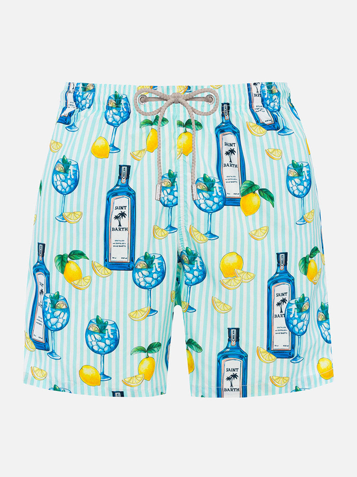Mc2 Saint Barth Man Lightweight Fabric Swim-shorts Lighting With Gin Tonic Print In Green