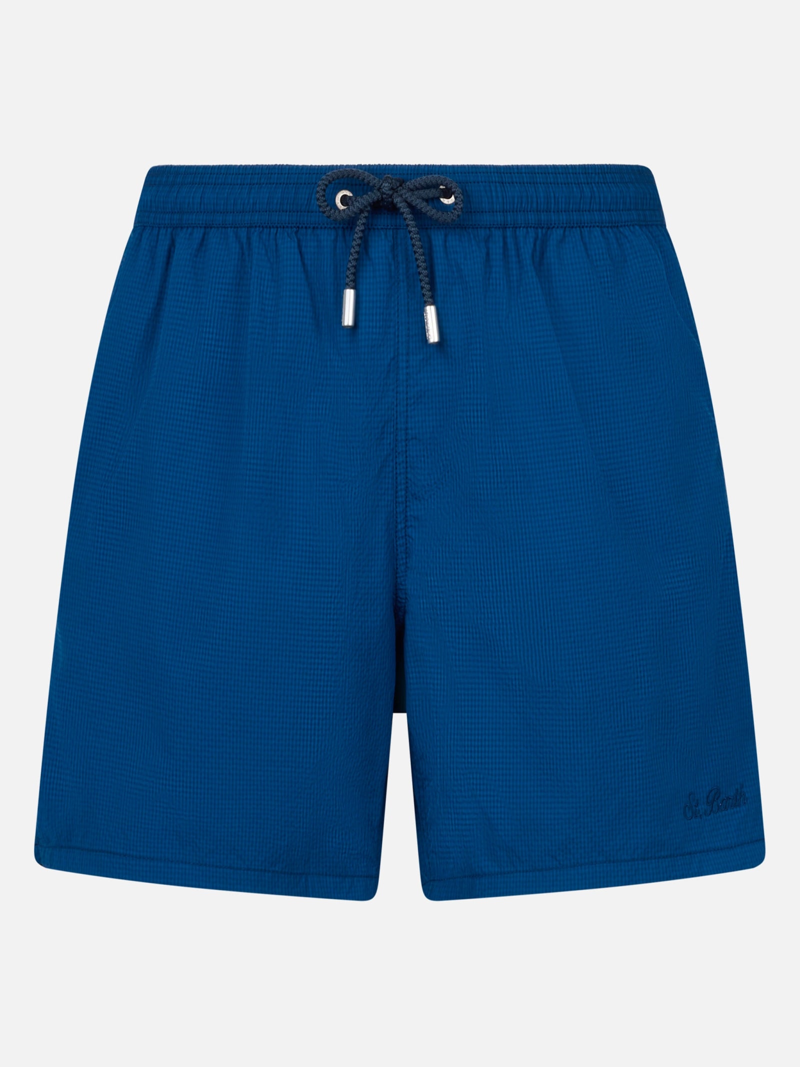 Shop Mc2 Saint Barth Man Seersucker Swim Shorts Patmos In Blue