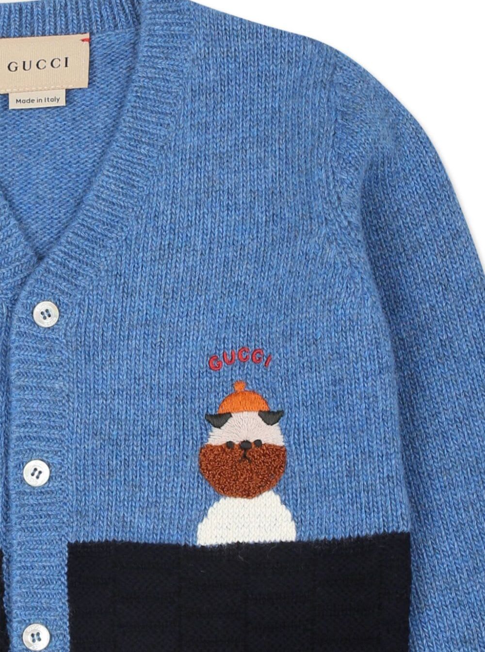Gucci Light Blue Cardigan For Baby Boy With Dog And Logo In Blu