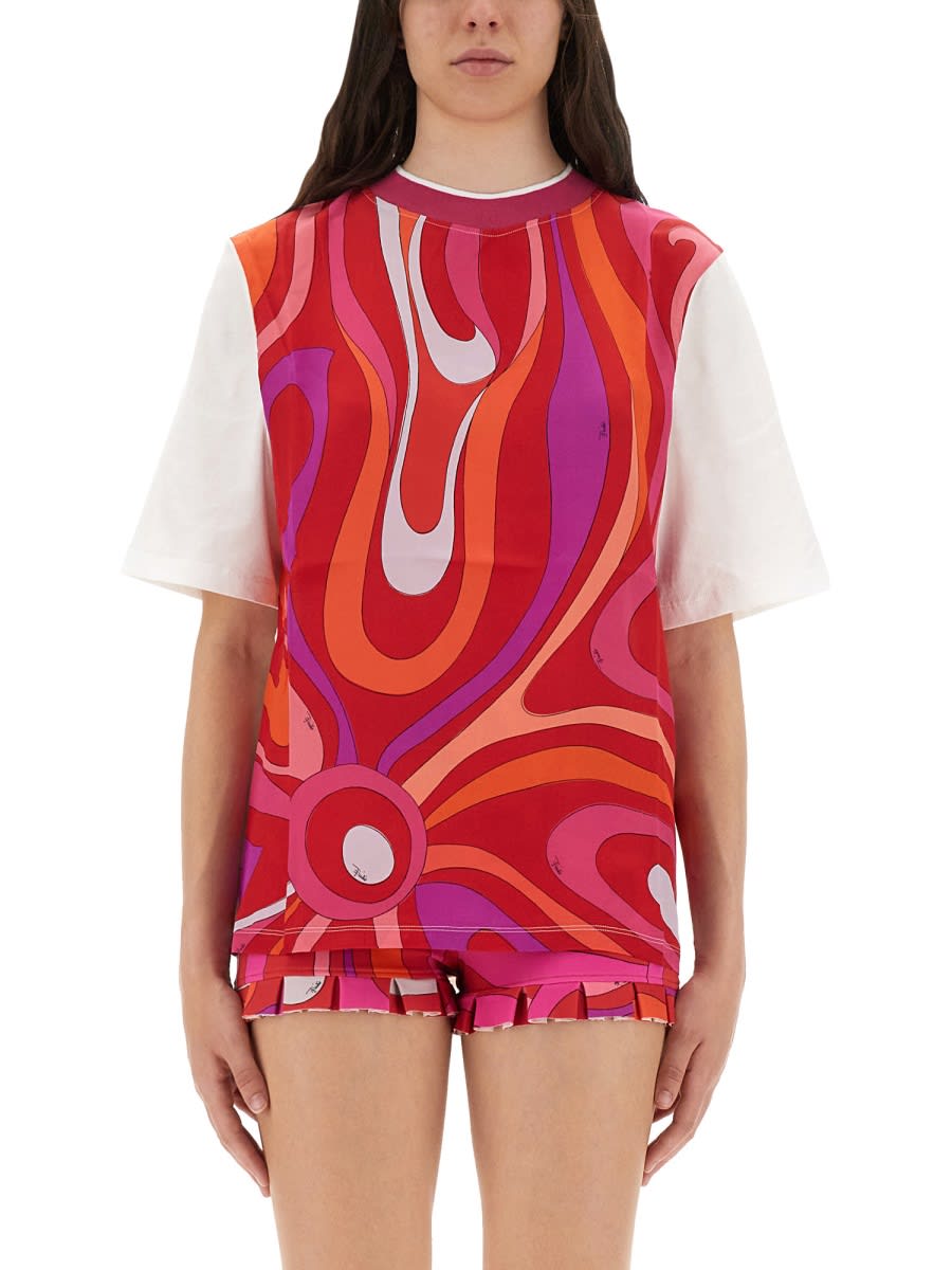 Pucci T-shirt With Colorful Iris Print And Crew Neck In Red